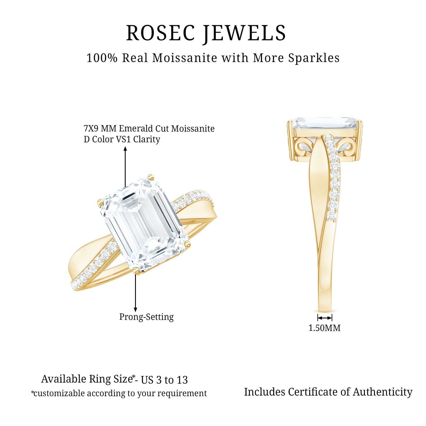 7x9mm Emerald Cut Moissanite Solitaire Classic Engagement Ring