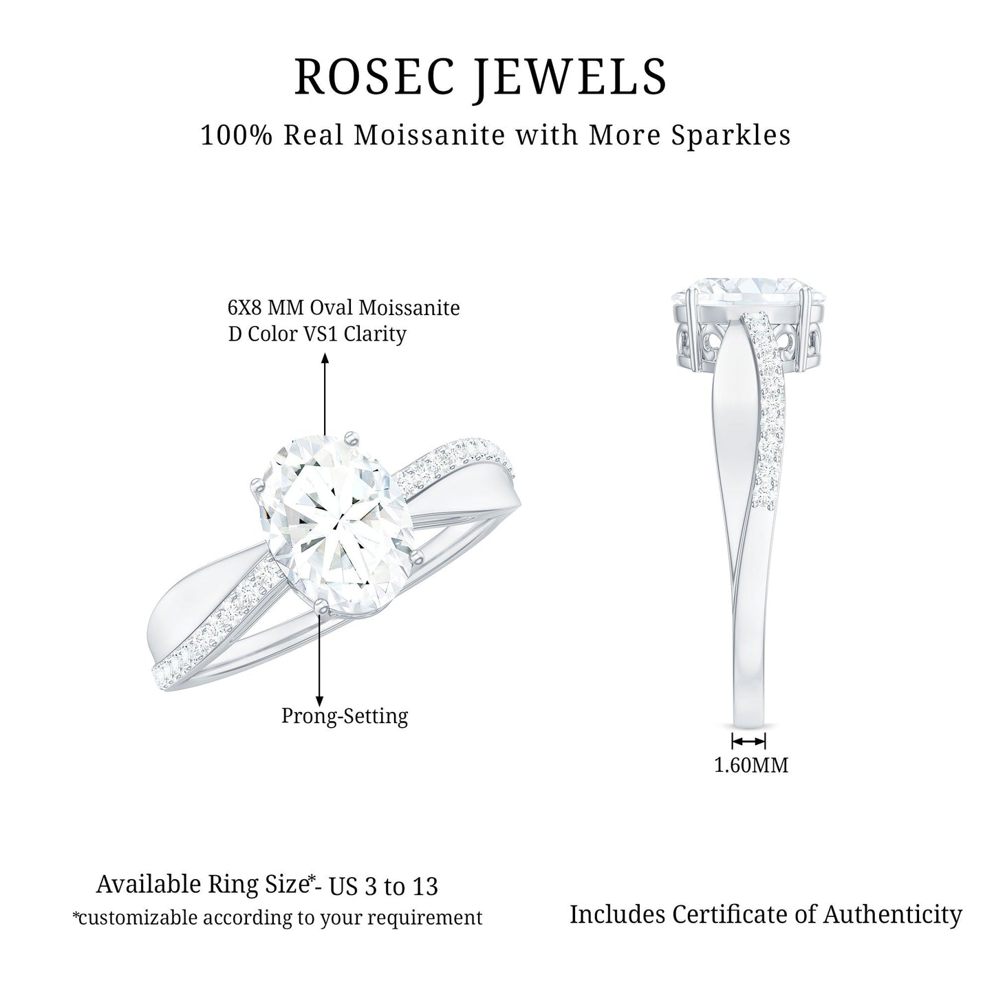 6X8mm Brilliant Cut Certified Moissanite Engagement Ring