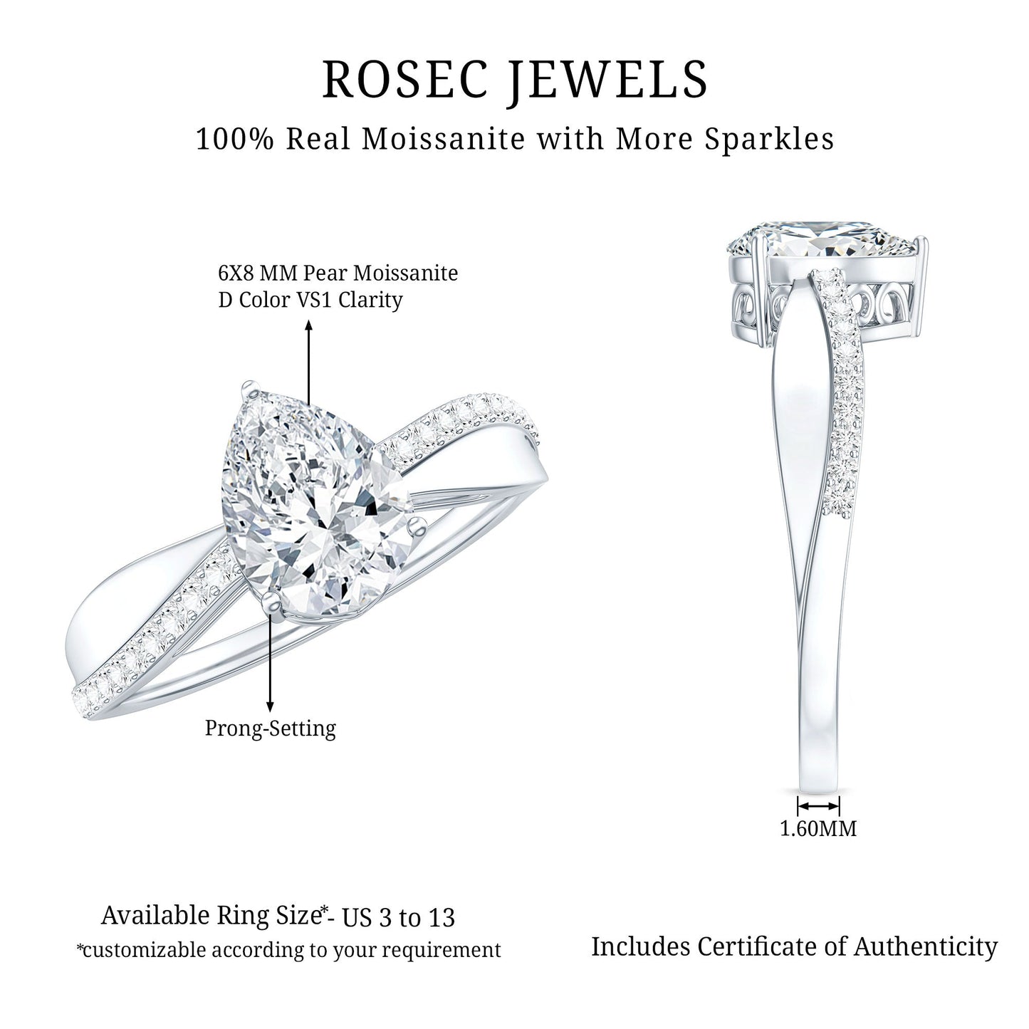 6X8 MM Pear Shape Moissanite Solitaire Engagement Ring