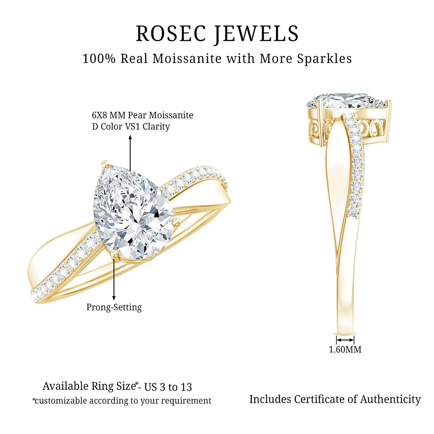 6X8 MM Pear Shape Moissanite Solitaire Engagement Ring