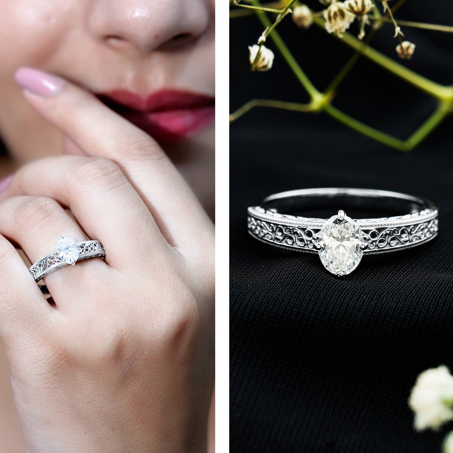 6X8mm Moissanite Oblong Engagement Ring with Filigree Shank