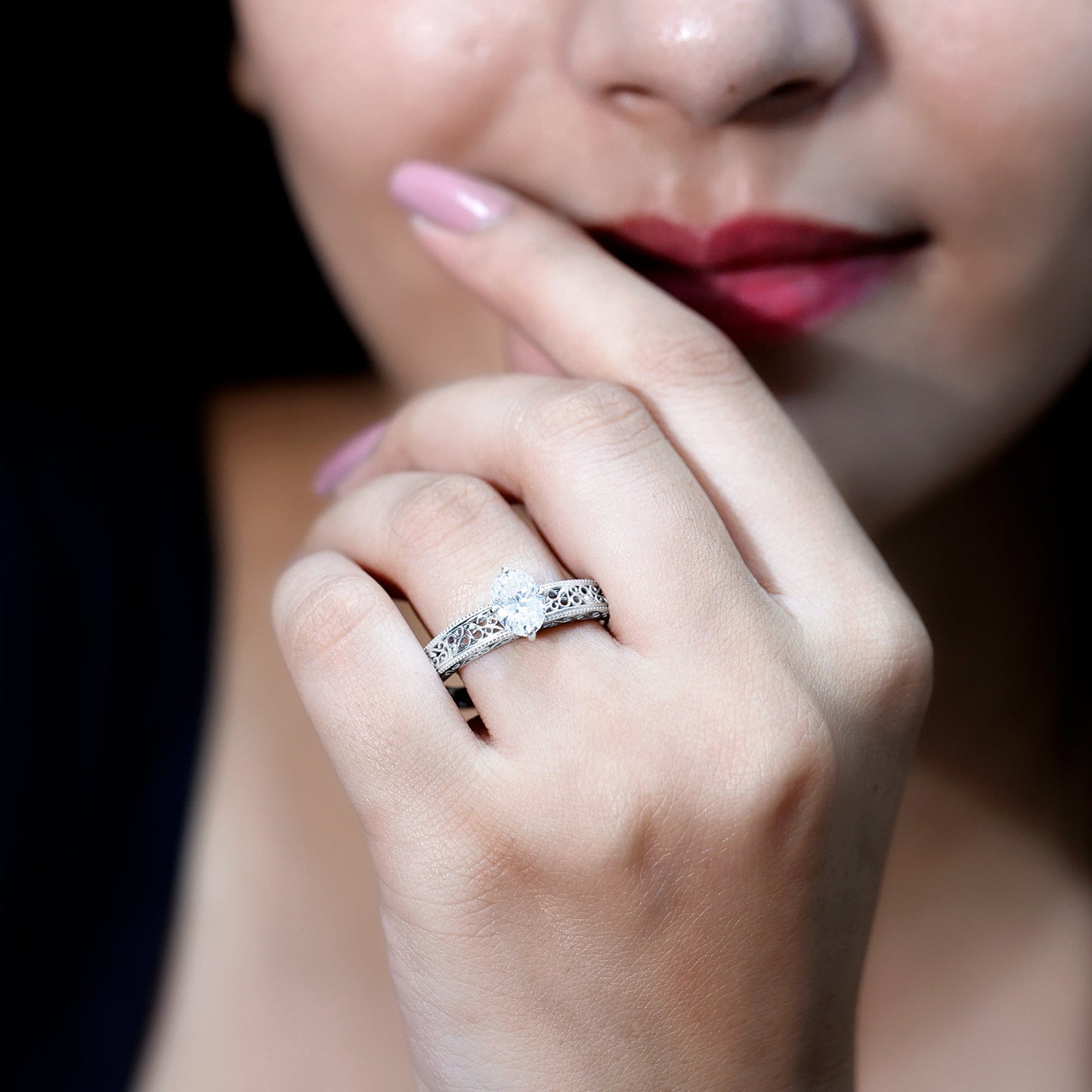 6X8mm Moissanite Oblong Engagement Ring with Filigree Shank