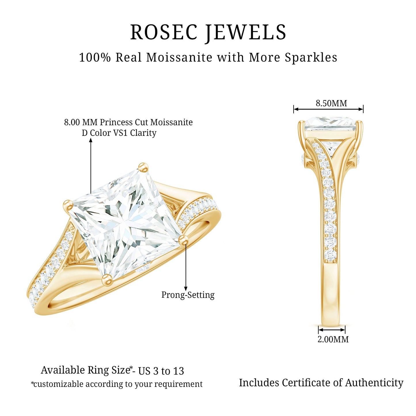 8 mm Princess Cut Moissanite Solitaire Engagement Ring with Split Shank