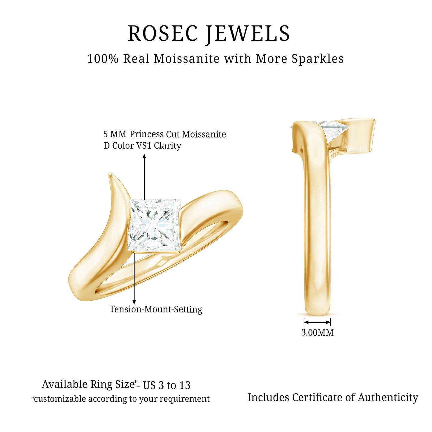 5mm Princess Cut Moissanite Solitaire Ring in Tension Setting