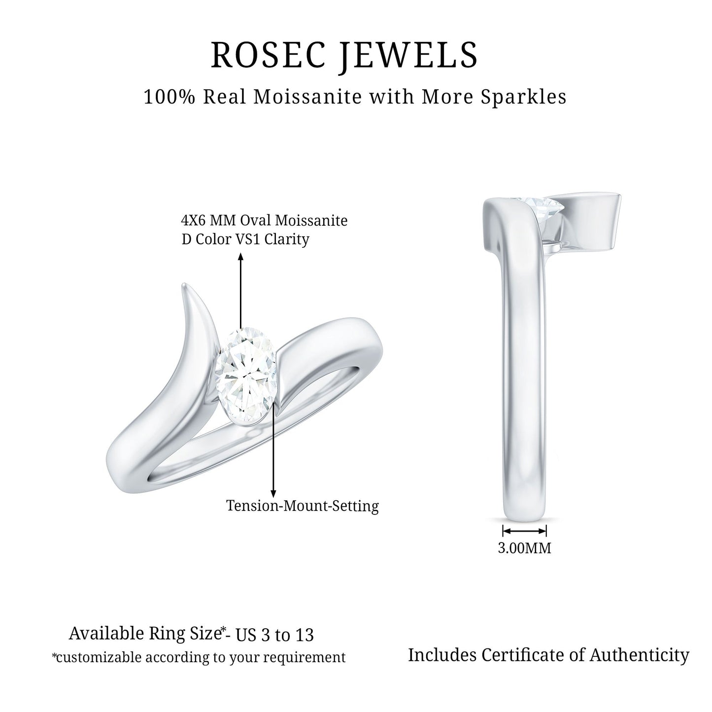 4x6mm Oval Cut Moissanite Solitaire Bypass Ring