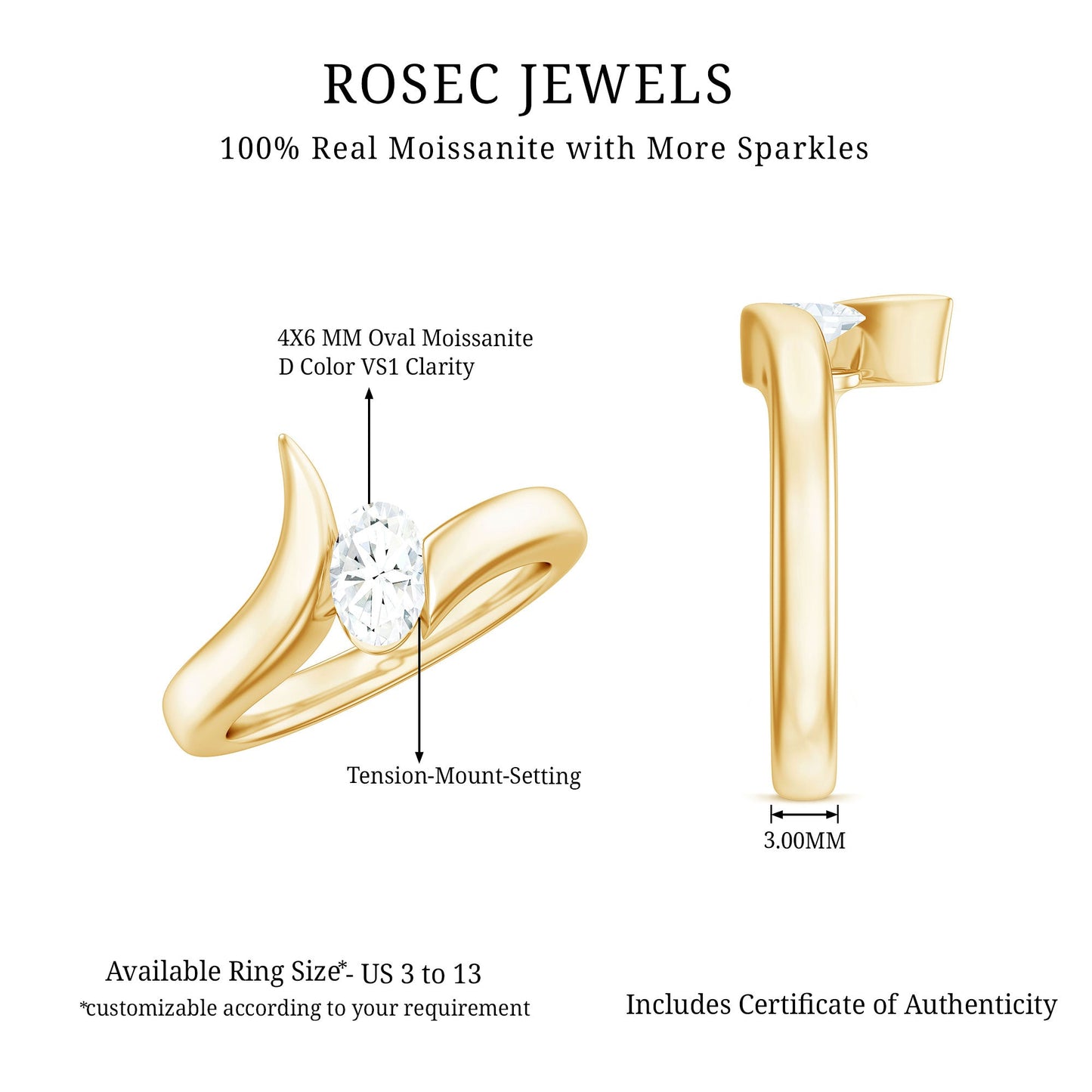 4x6mm Oval Cut Moissanite Solitaire Bypass Ring