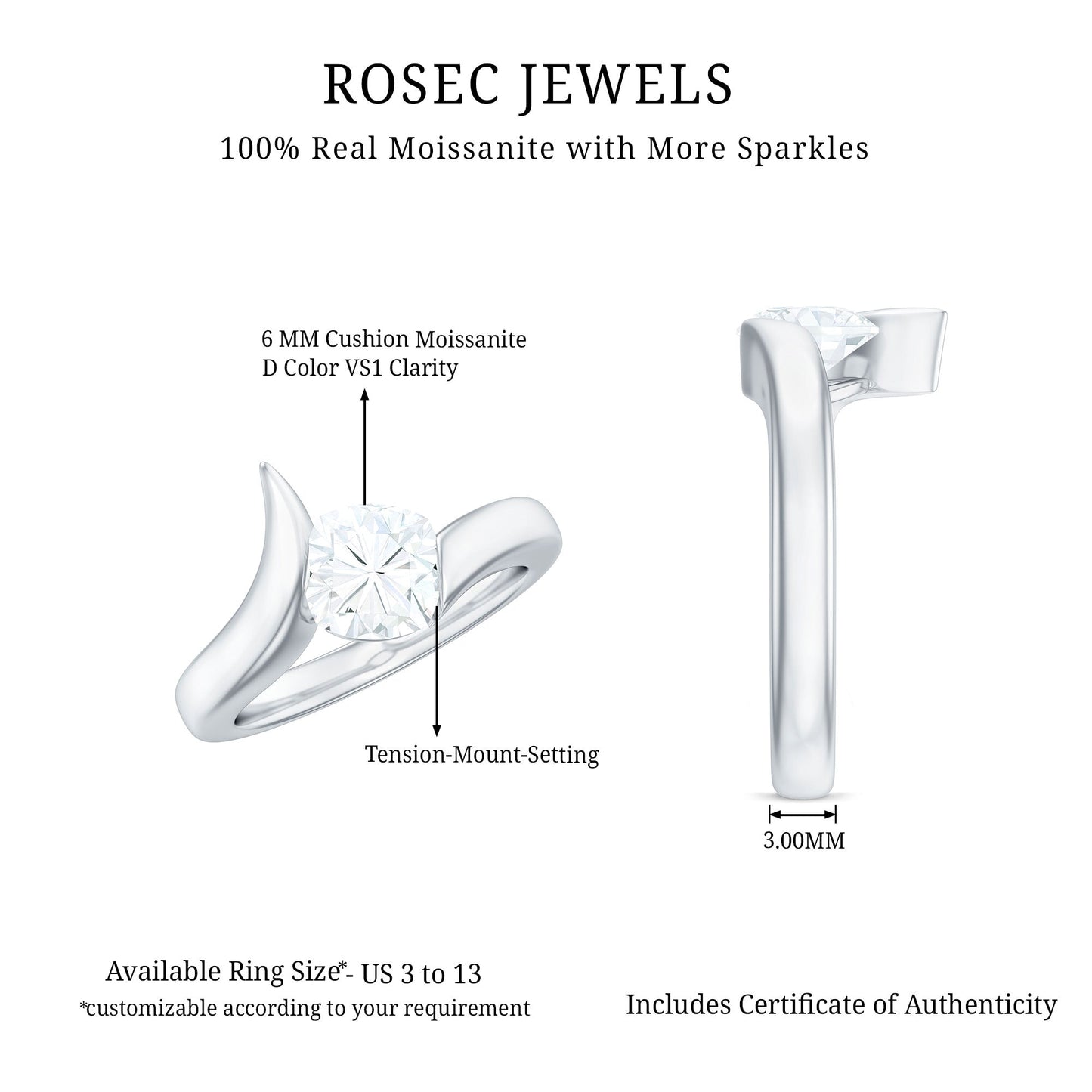 6X6 MM Cushion Cut Moissanite Solitaire Engagement Ring with Bypass Shank