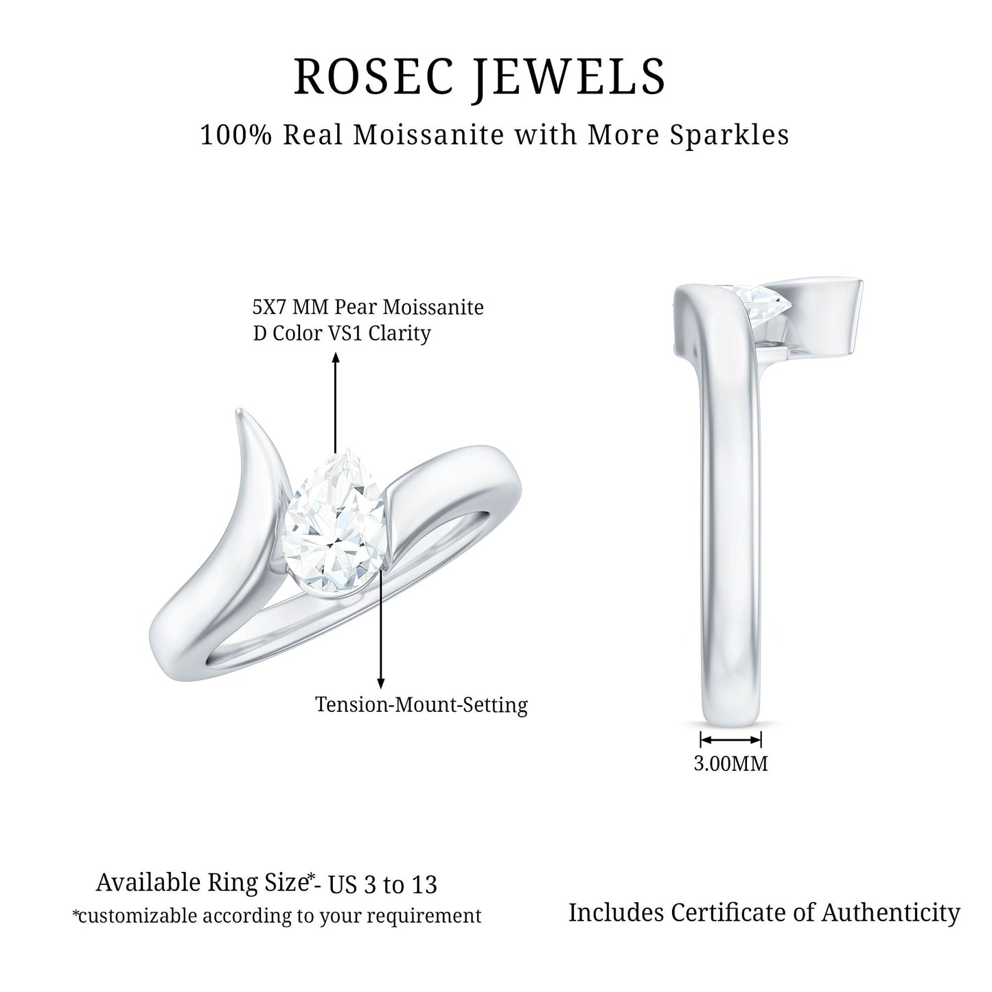 5X7mm Pear Cut Moissanite Solitaire Ring with Bypass Shank