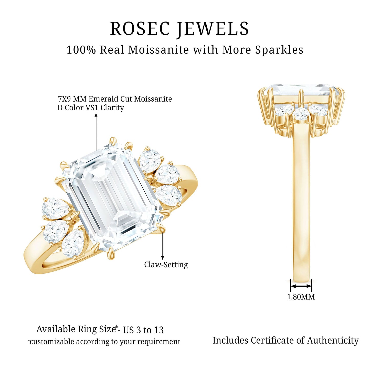 7x9mm Emerald Cut Moissanite Solitaire Engagement Ring For Women
