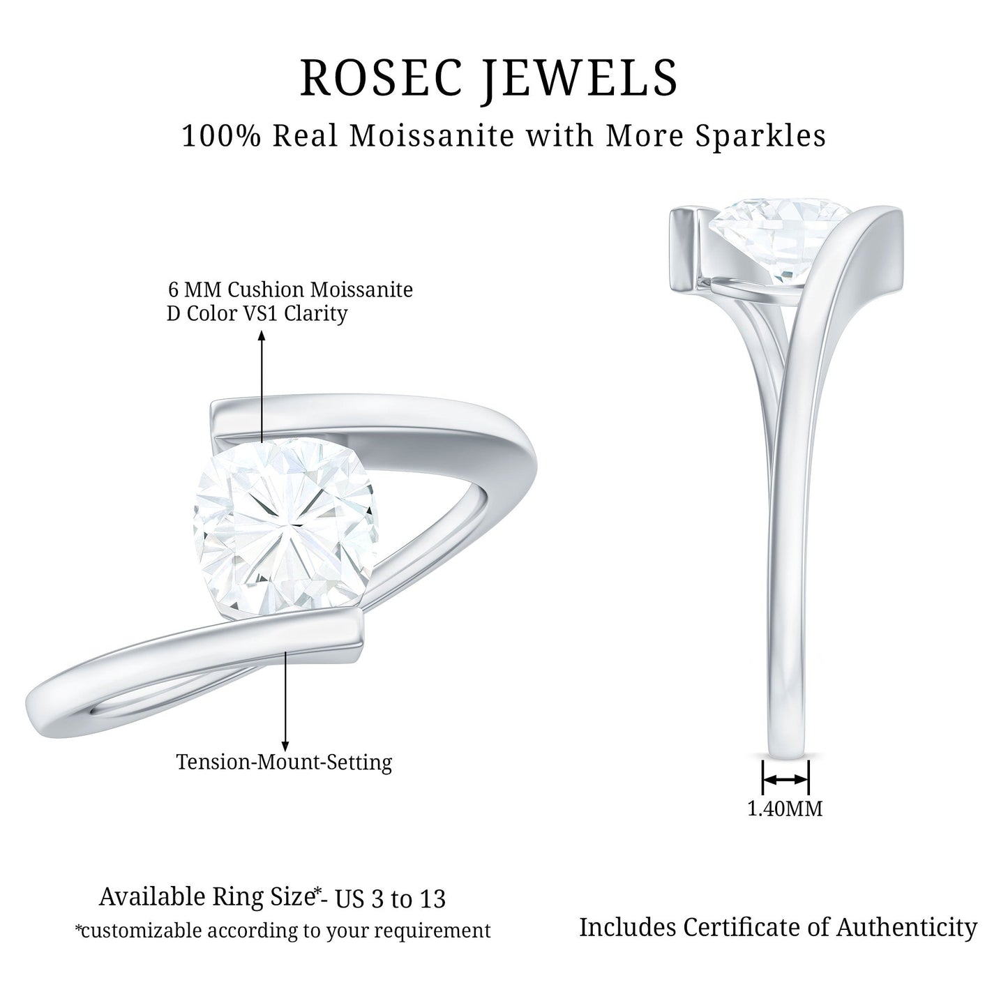 6 mm Cushion Cut Moissanite Solitaire Engagement Ring