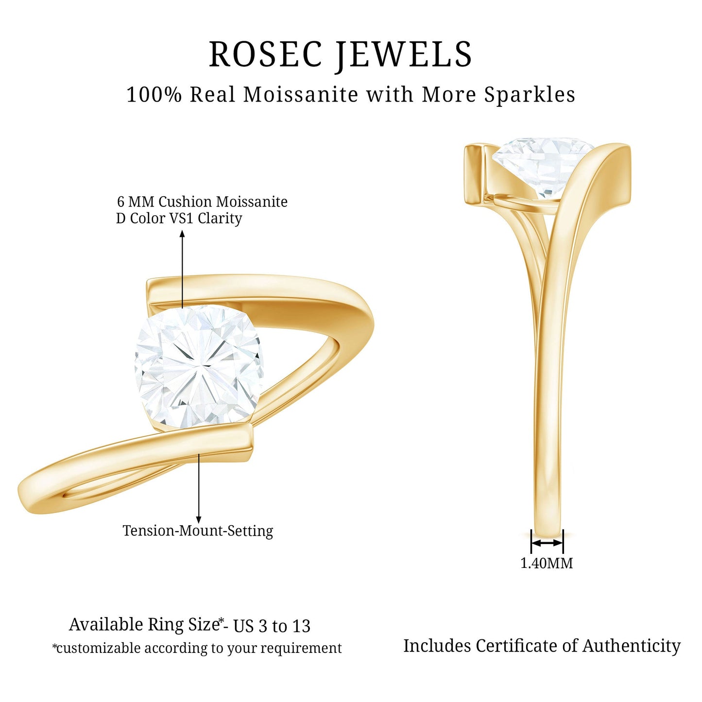 6 mm Cushion Cut Moissanite Solitaire Engagement Ring