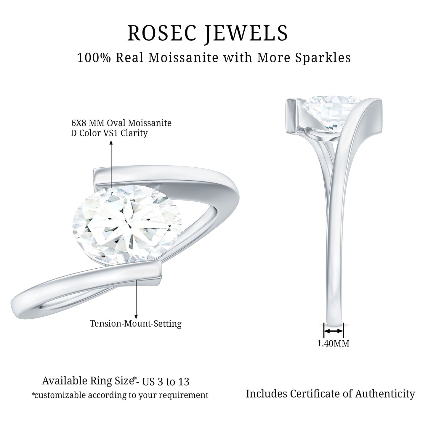 6X8mm Oval Moissanite Solitaire Engagement Ring with Bypass Shank