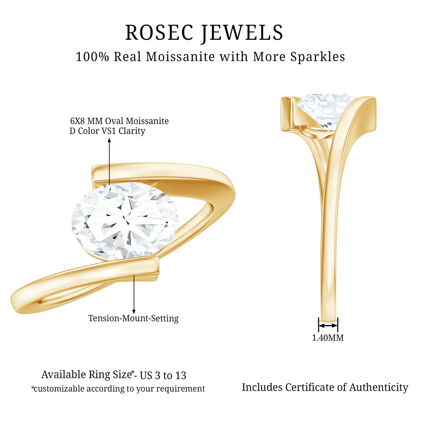 6X8mm Oval Moissanite Solitaire Engagement Ring with Bypass Shank
