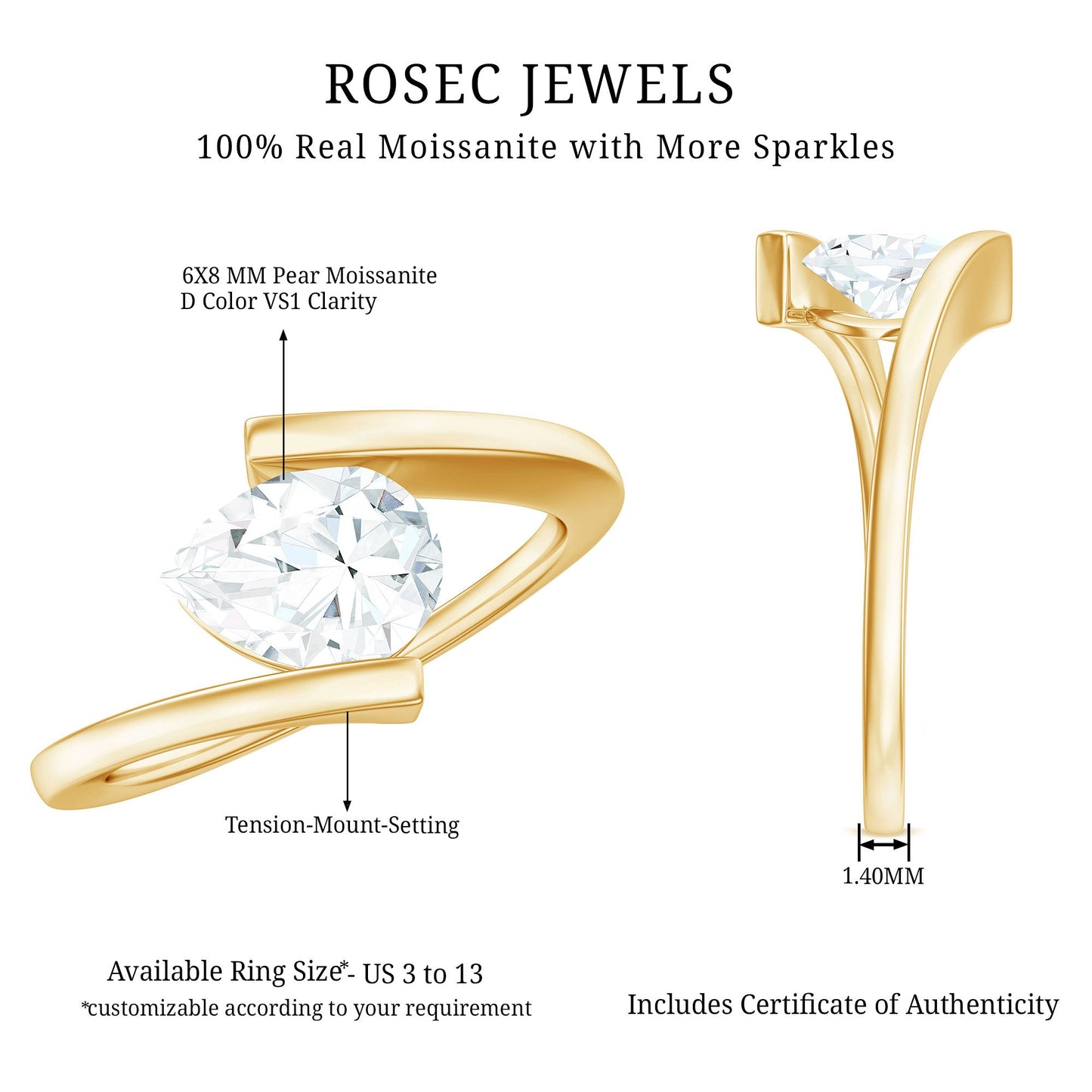6X8 mm Pear Cut Moissanite Engagement Ring In Tension Setting