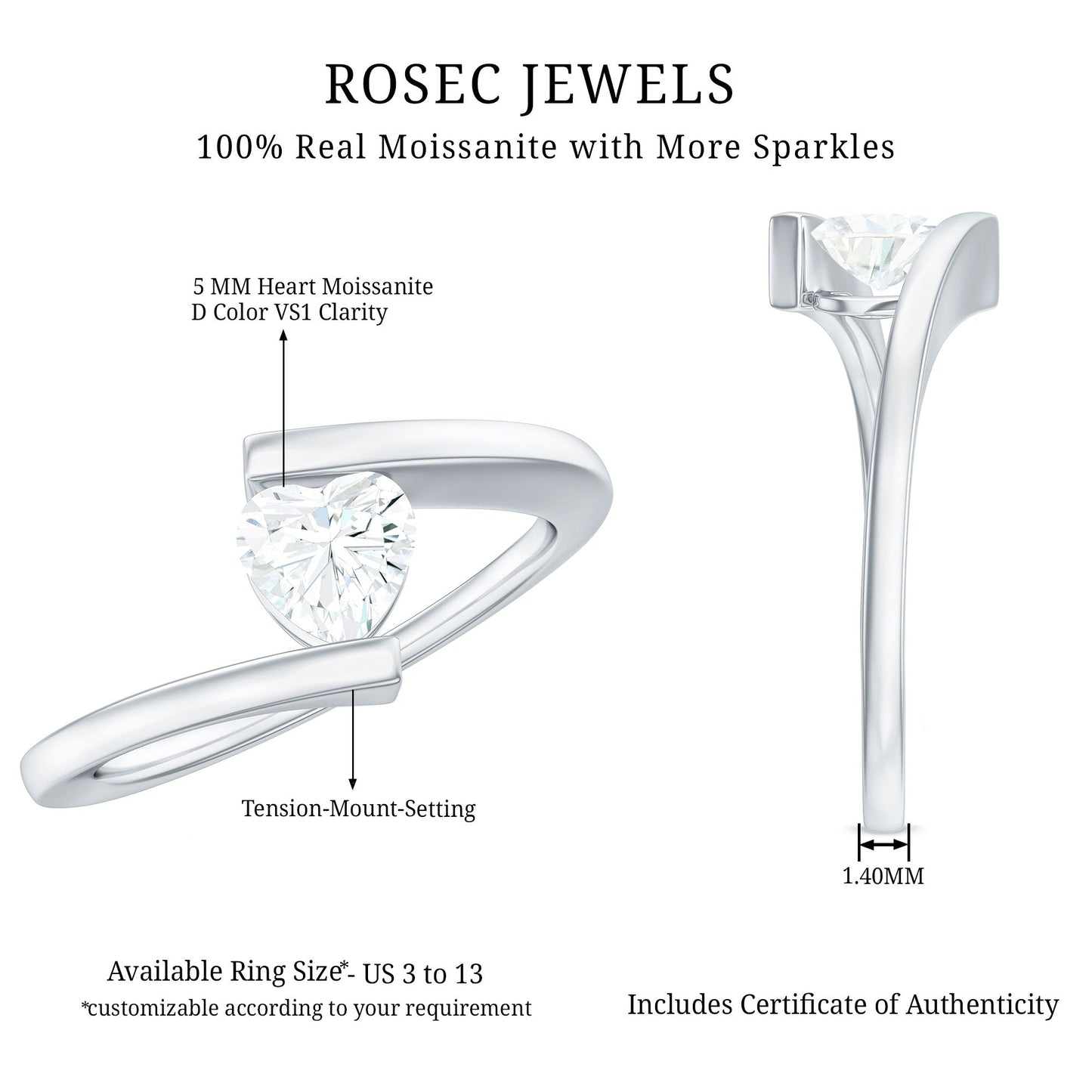 5mm Heart Moissanite Solitaire Promise Ring with Bypass Shank