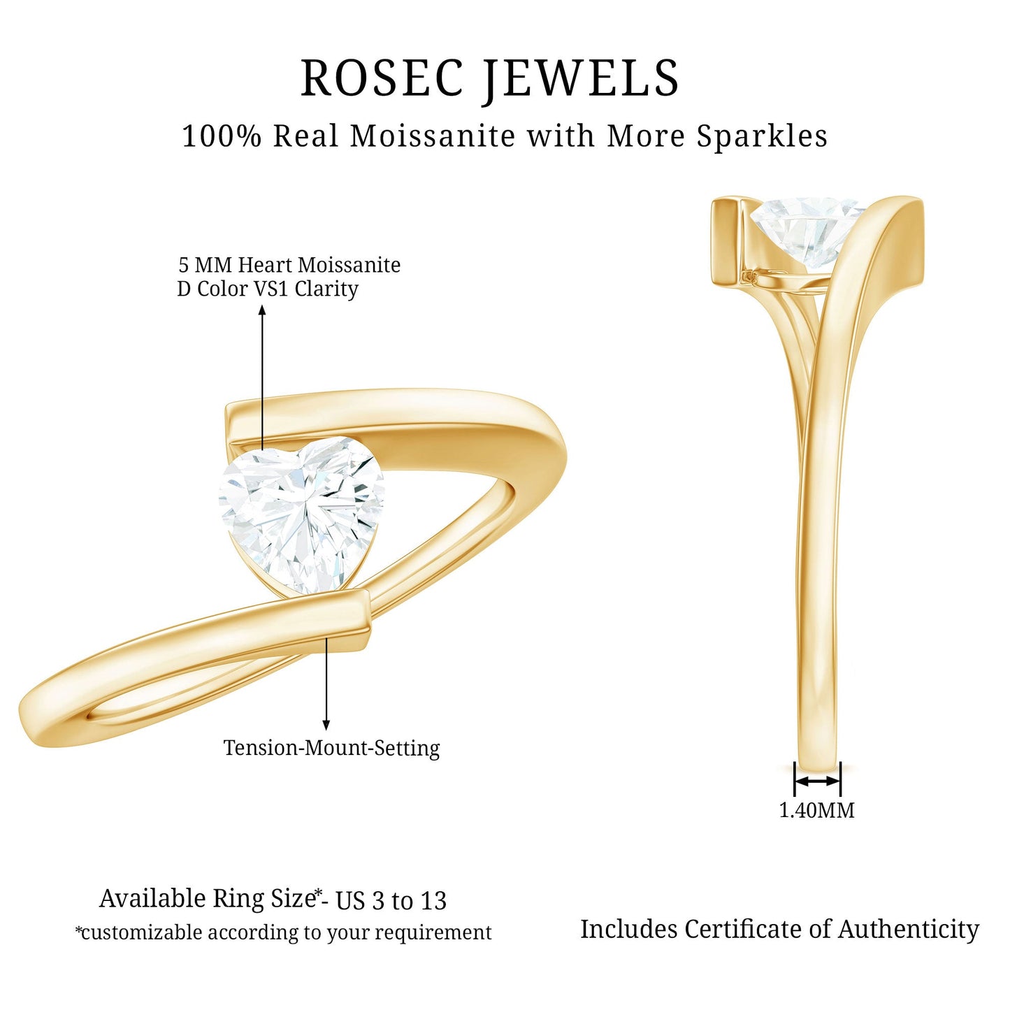 5mm Heart Moissanite Solitaire Promise Ring with Bypass Shank