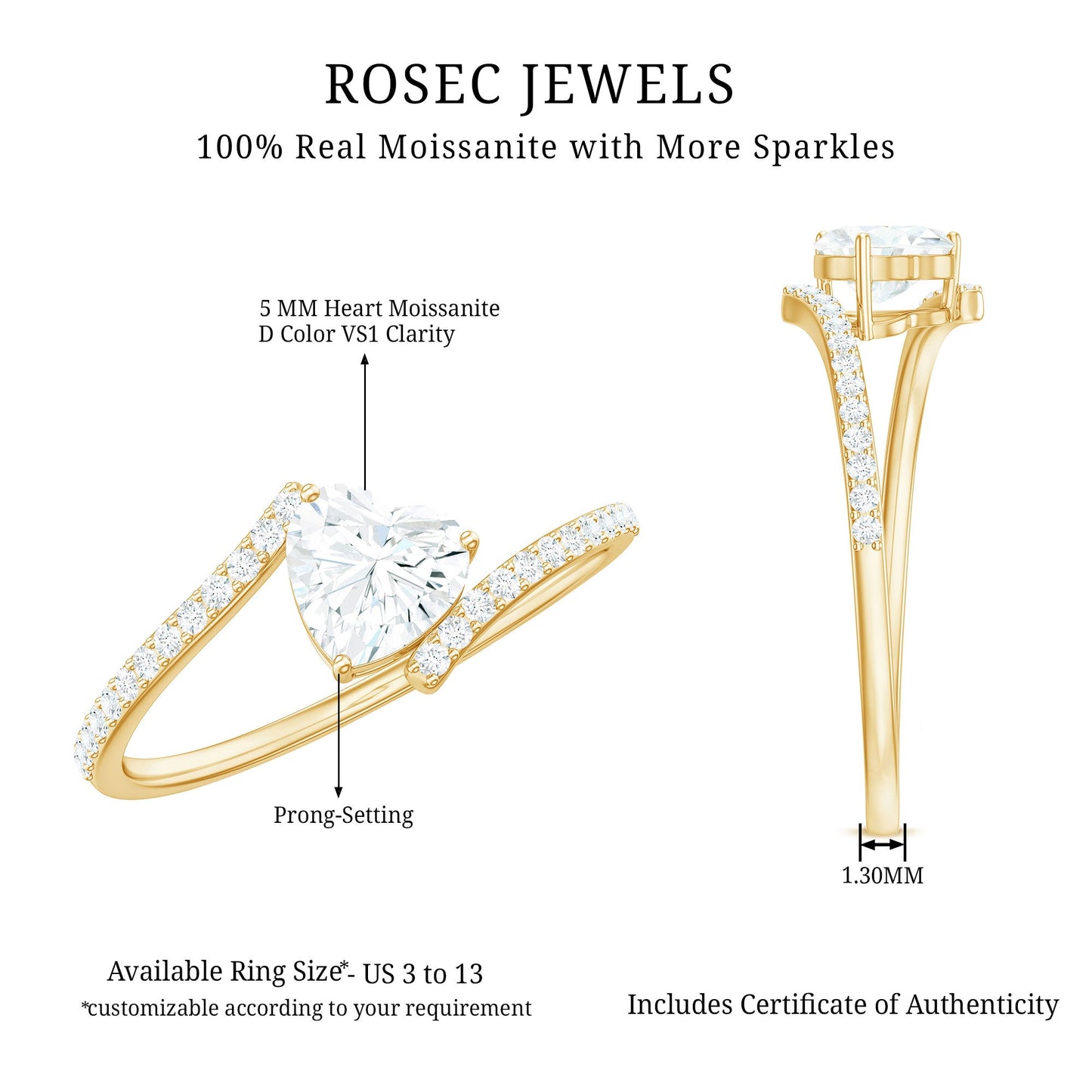 5mm Heart Shape Moissanite Promise Ring with Bypass Shank