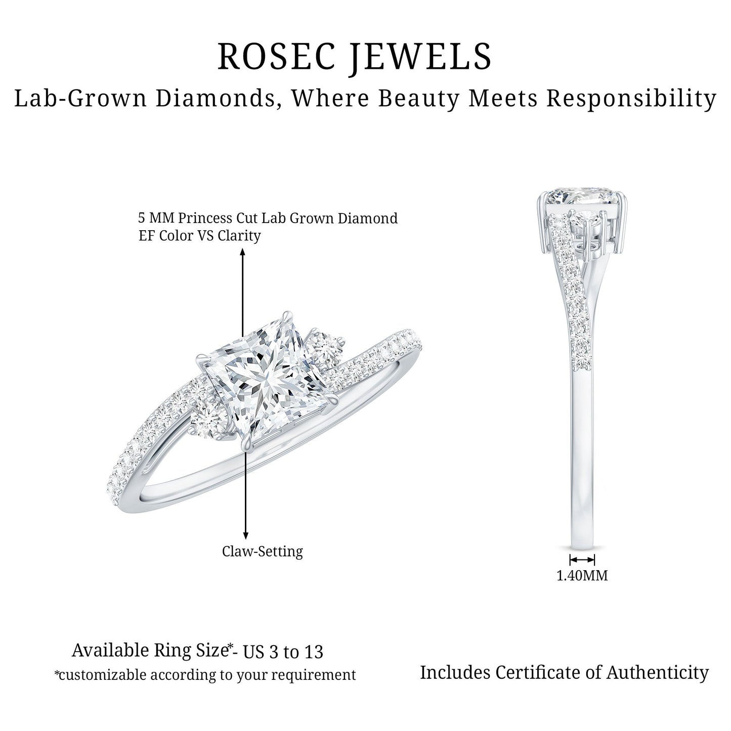 Princess Cut Moissanite Bypass Engagement Ring