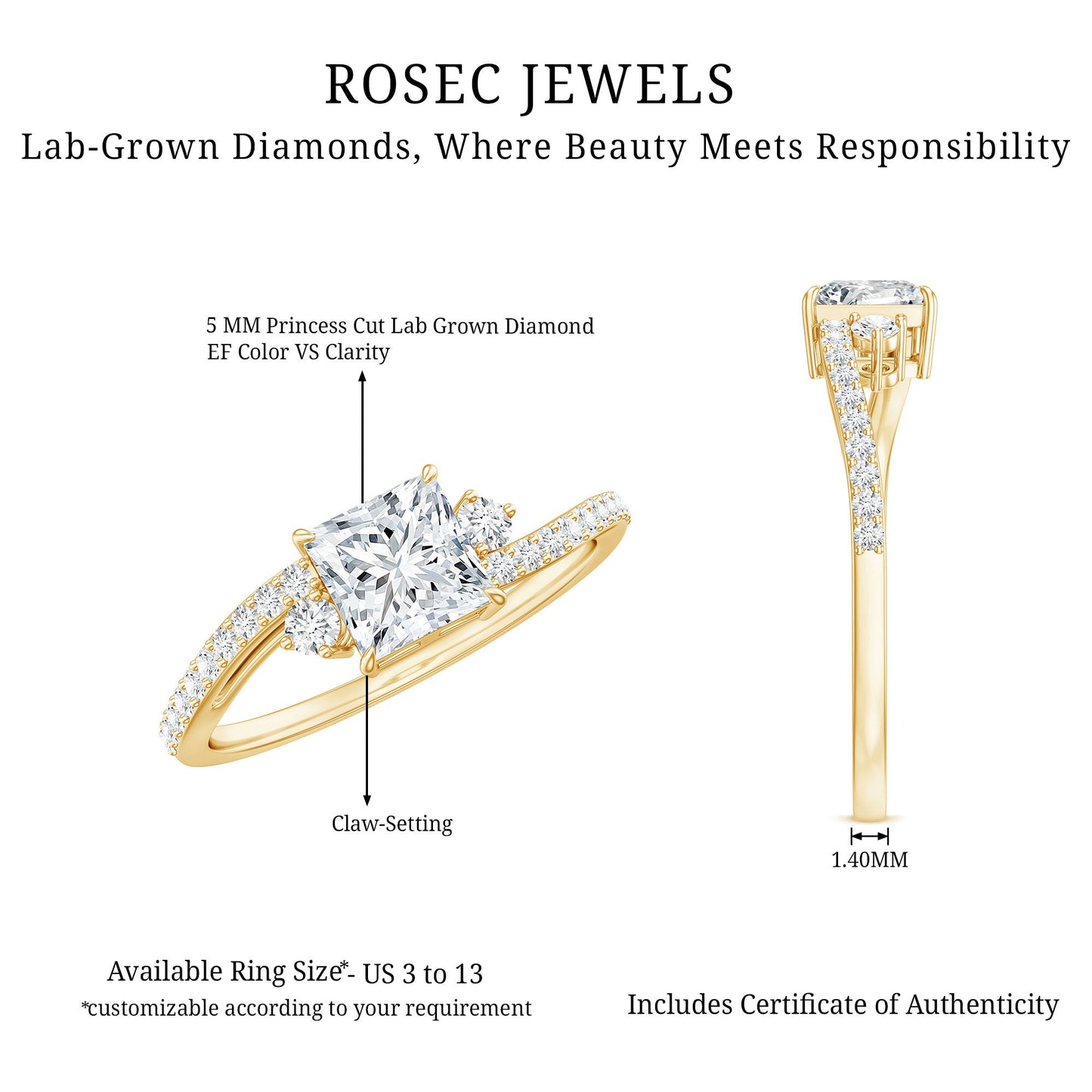 Princess Cut Moissanite Bypass Engagement Ring