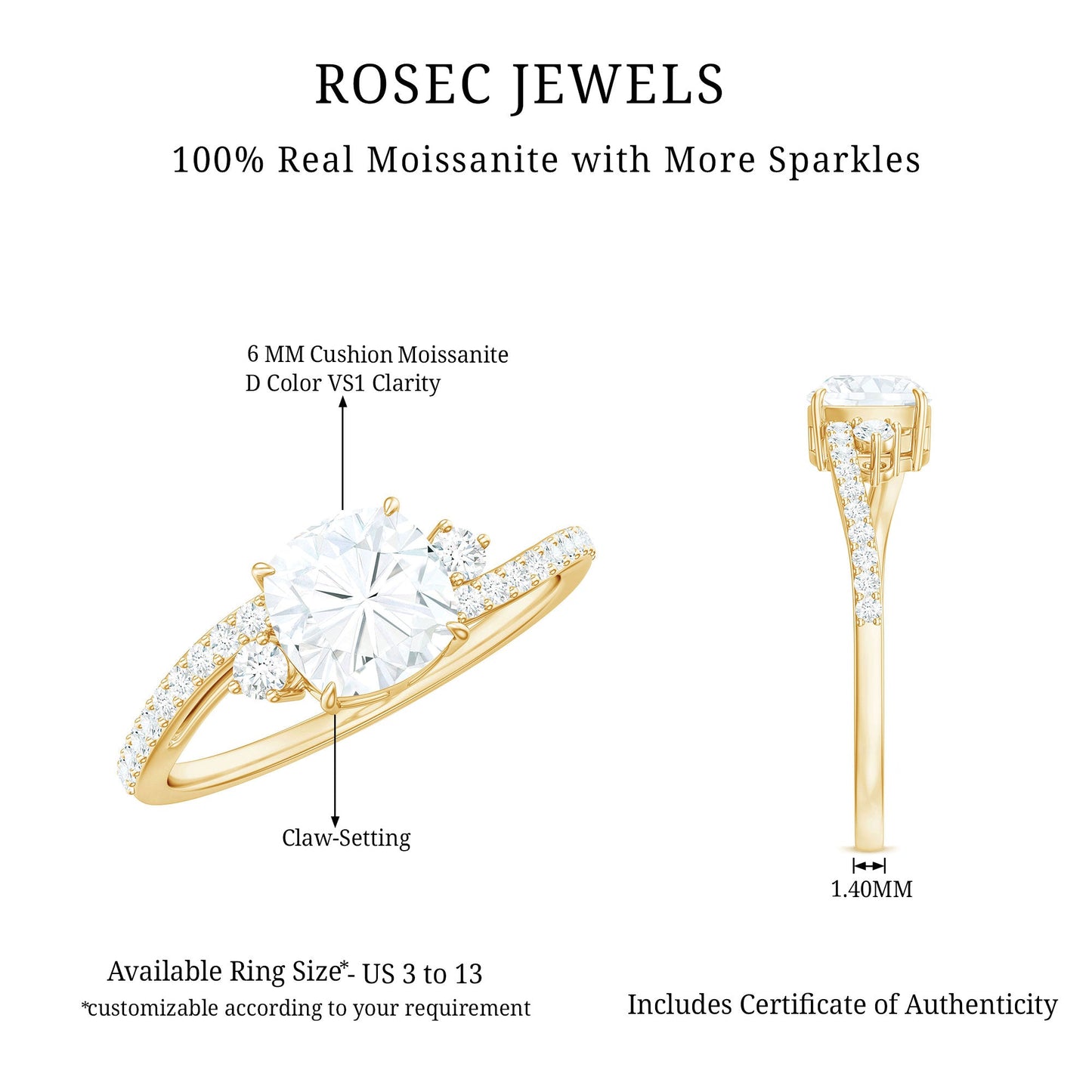 6X6 MM Cushion Cut Moissanite Bypass Engagement Ring for Women