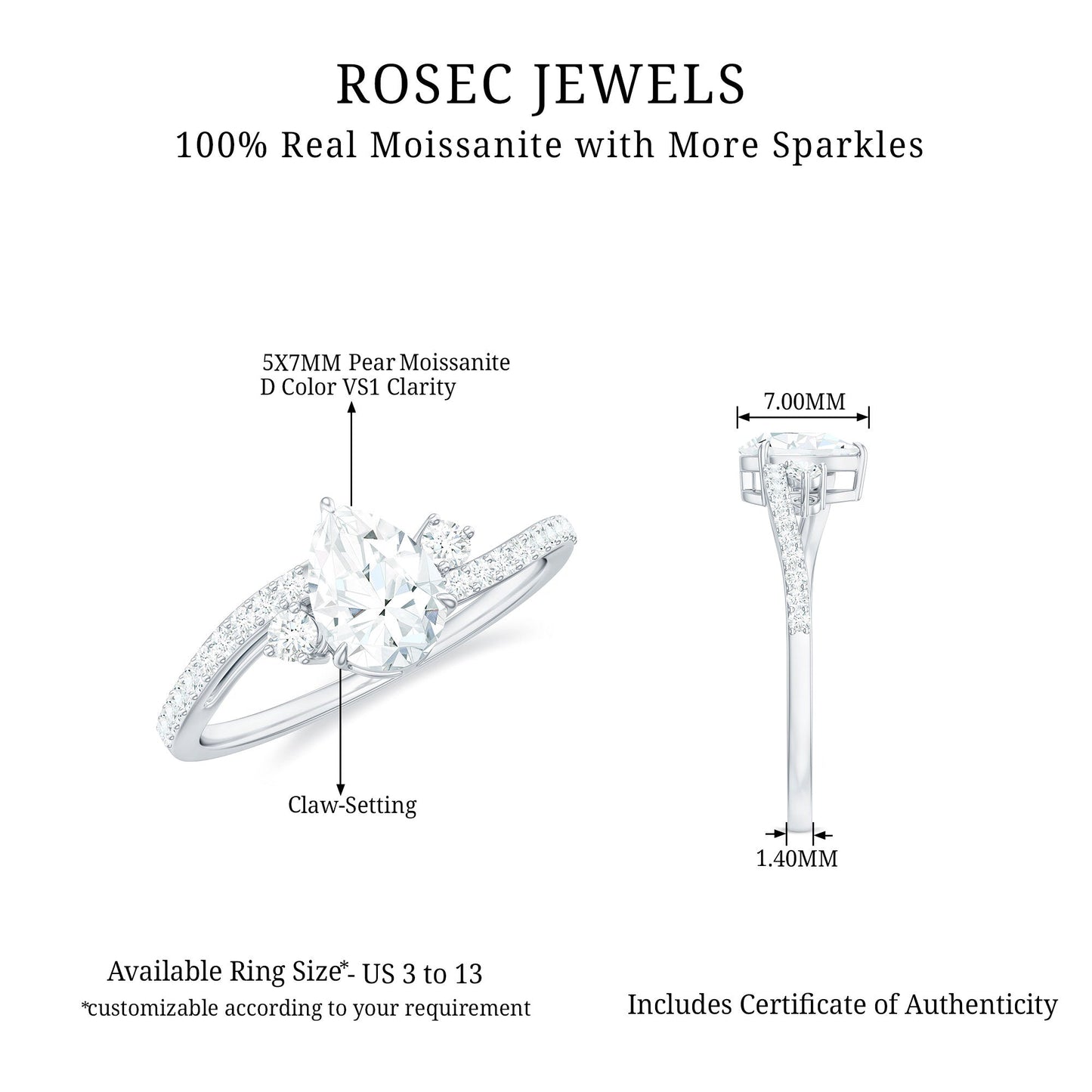 Pear Cut Moissanite Bypass Engagement Ring with Side Stones