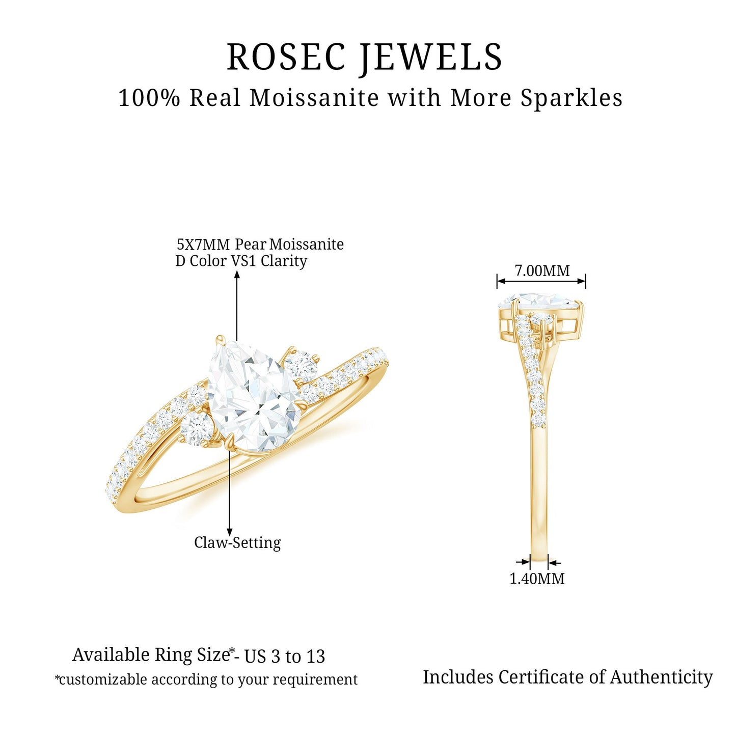 Pear Cut Moissanite Bypass Engagement Ring with Side Stones