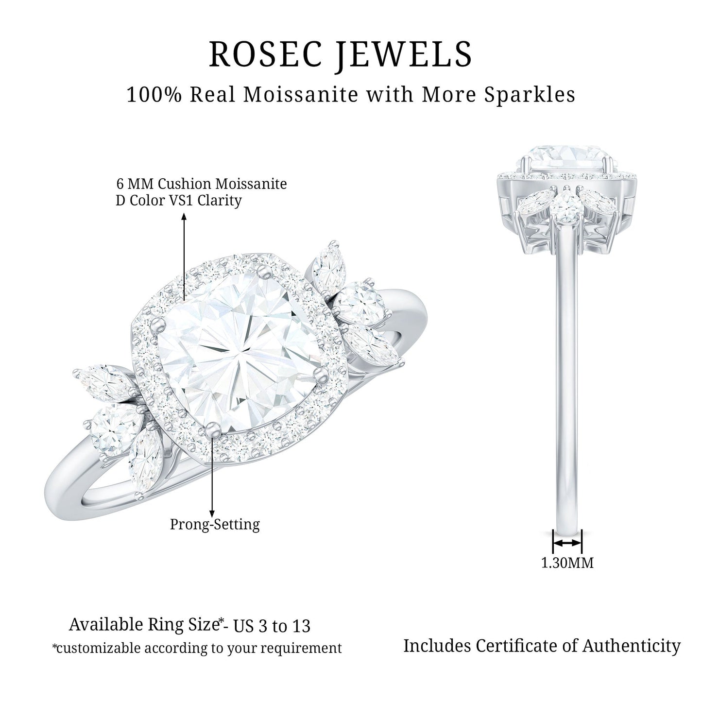 6mm Cushion Cut Moissanite Designer Halo Engagement Ring