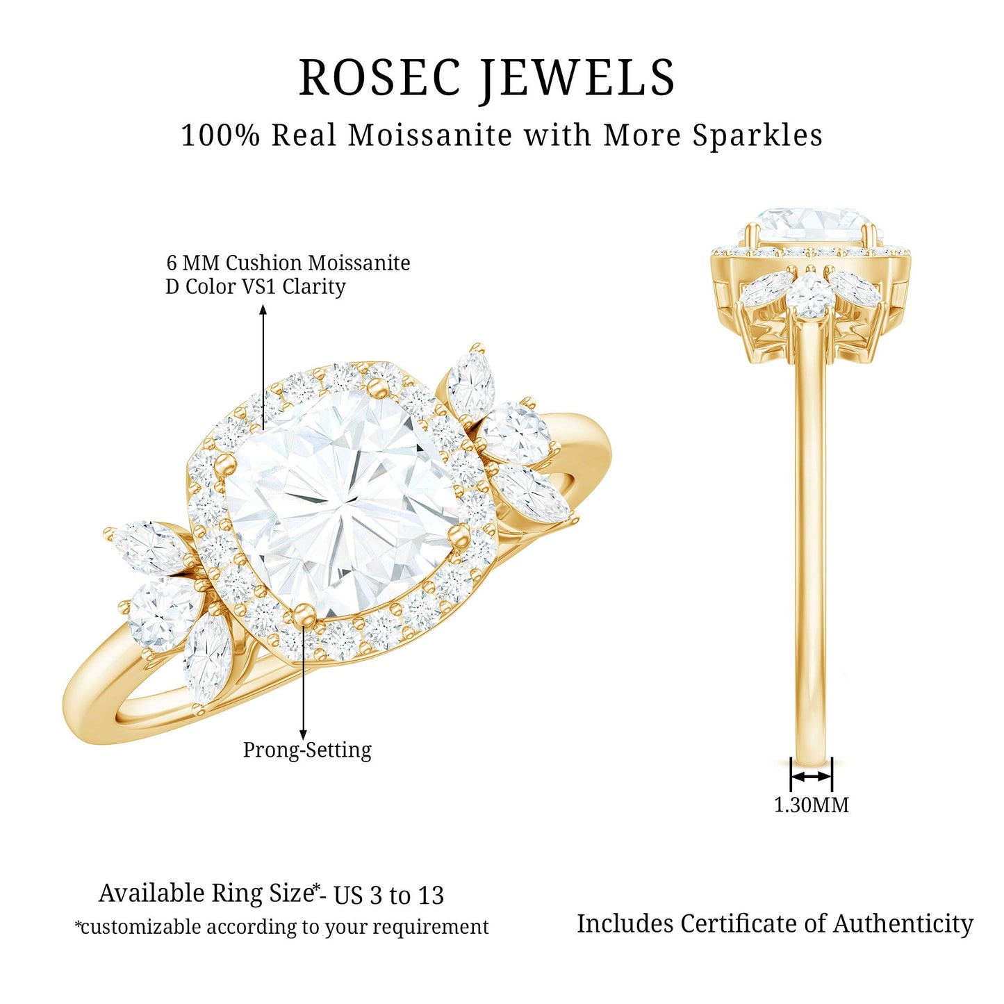 6mm Cushion Cut Moissanite Designer Halo Engagement Ring