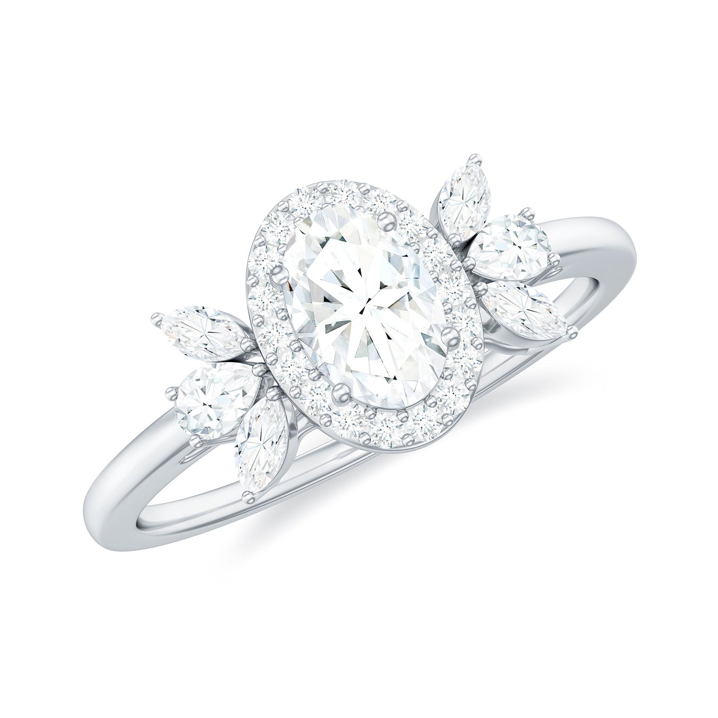 4x6mm Oval Cut Moissanite Halo Engagement Ring with Trio