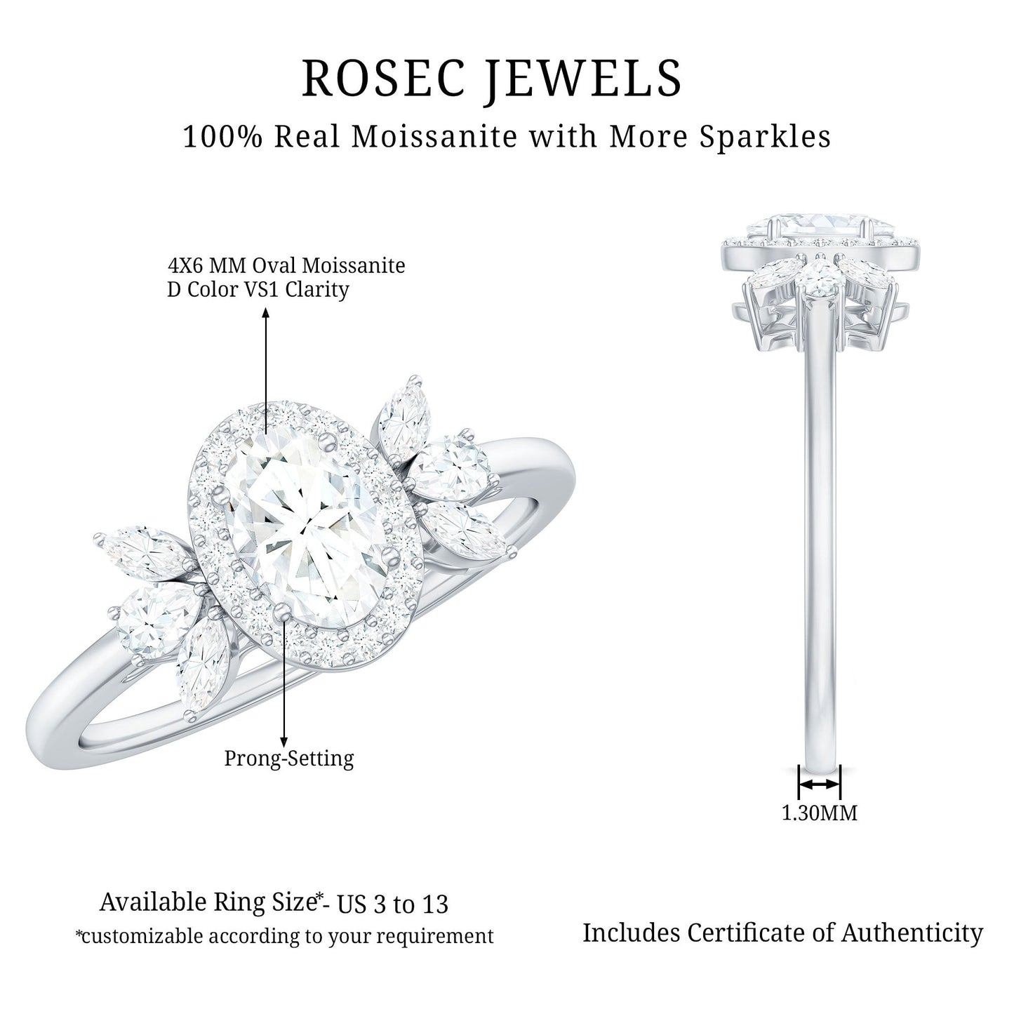 4x6mm Oval Cut Moissanite Halo Engagement Ring with Trio