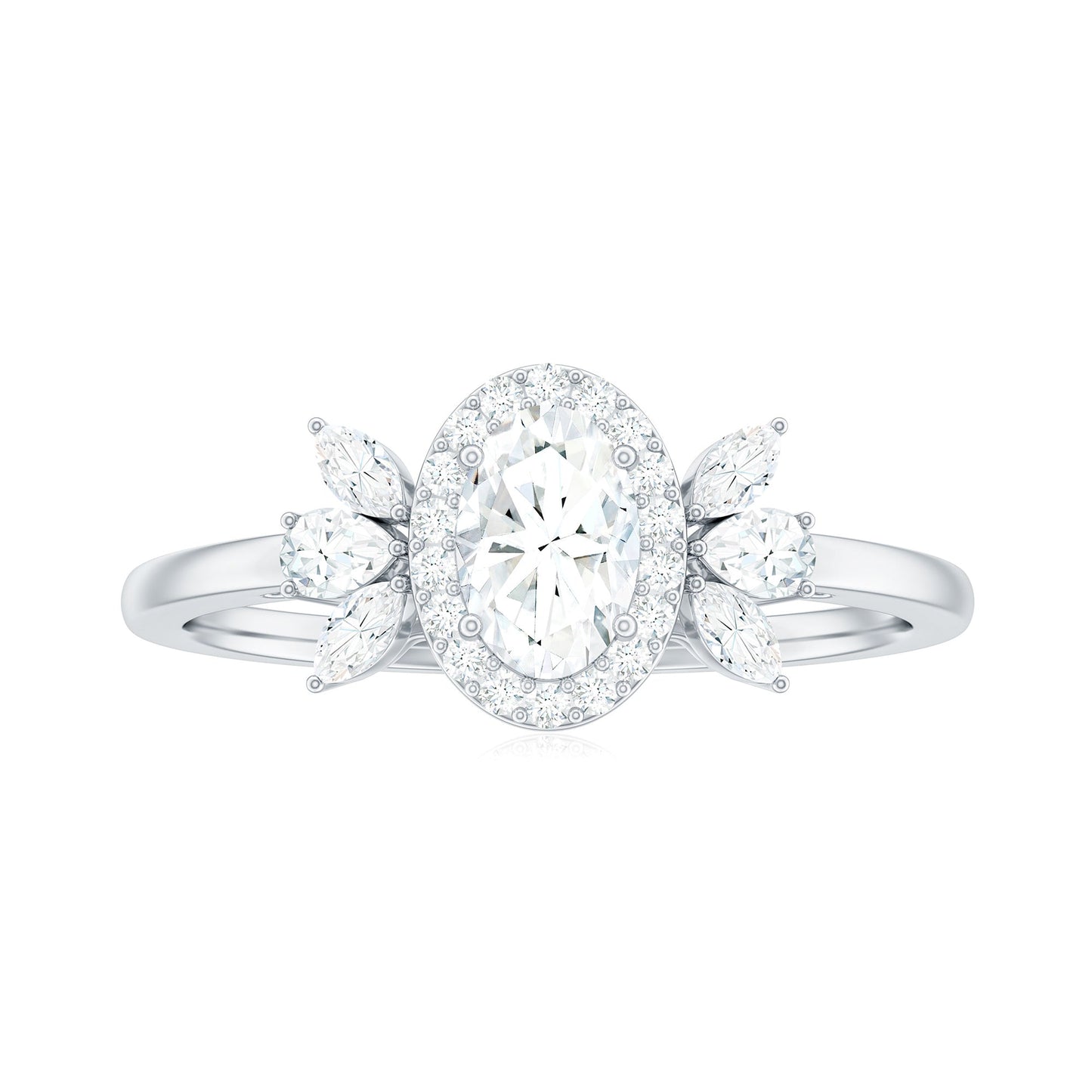4x6mm Oval Cut Moissanite Halo Engagement Ring with Trio