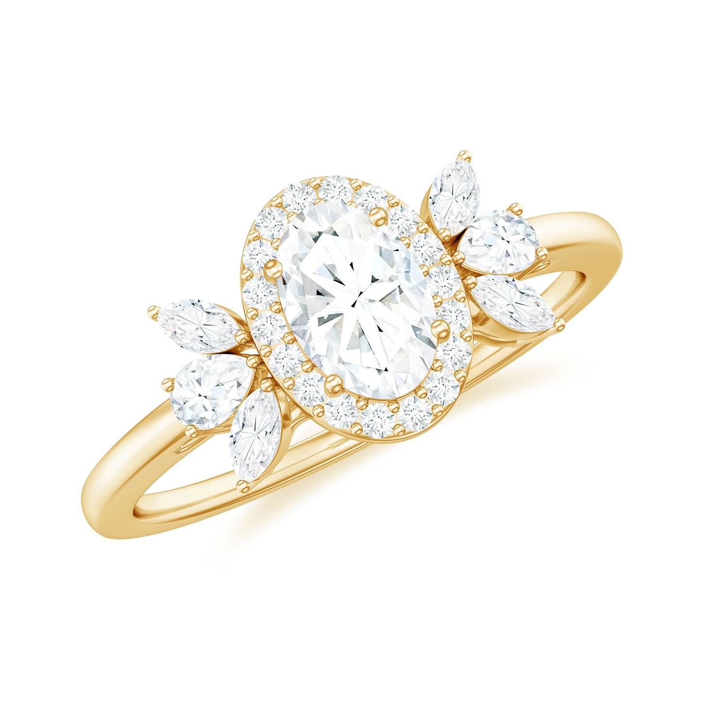 4x6mm Oval Cut Moissanite Halo Engagement Ring with Trio