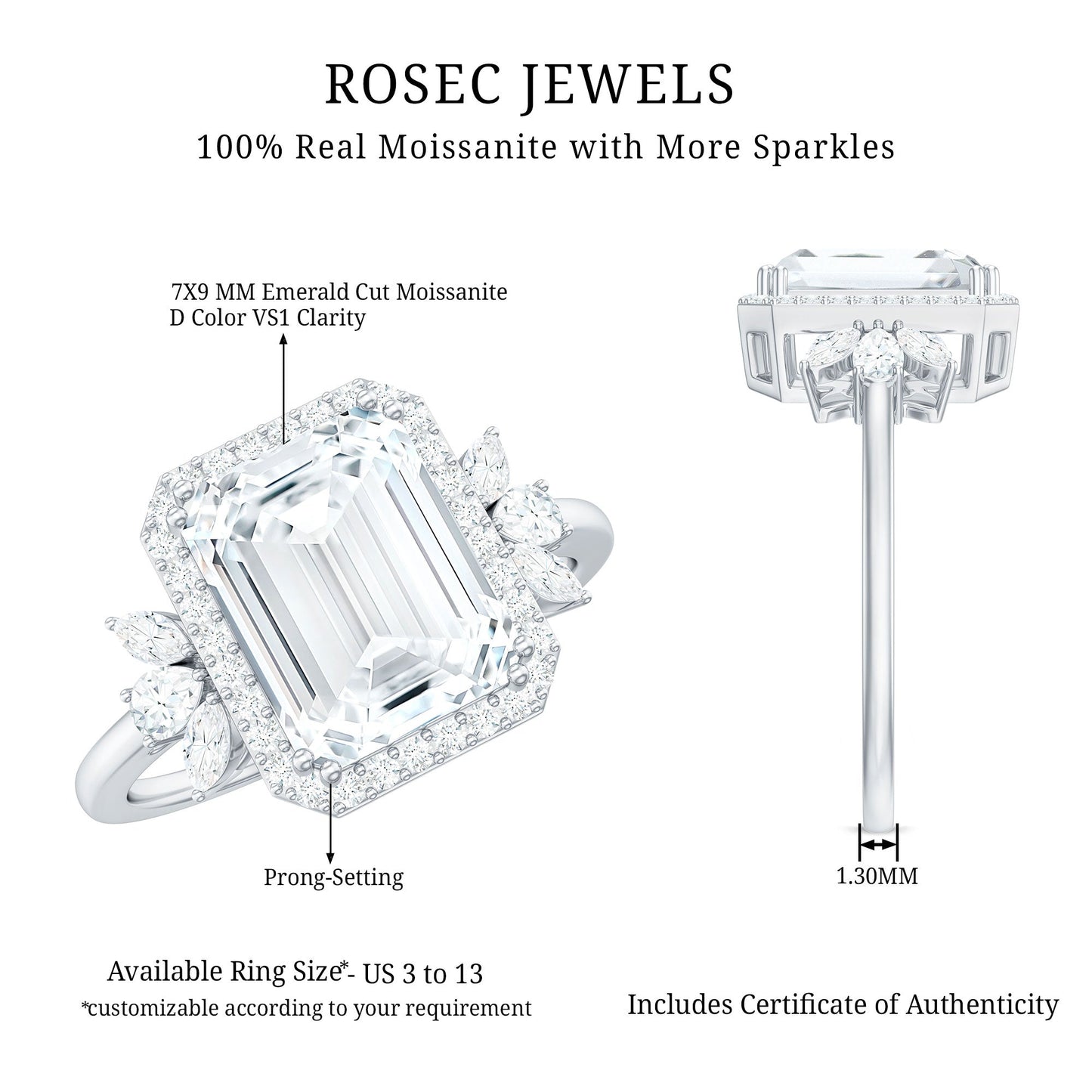 7X9 MM Emerald Cut Certified Moissanite Statement Engagement Ring