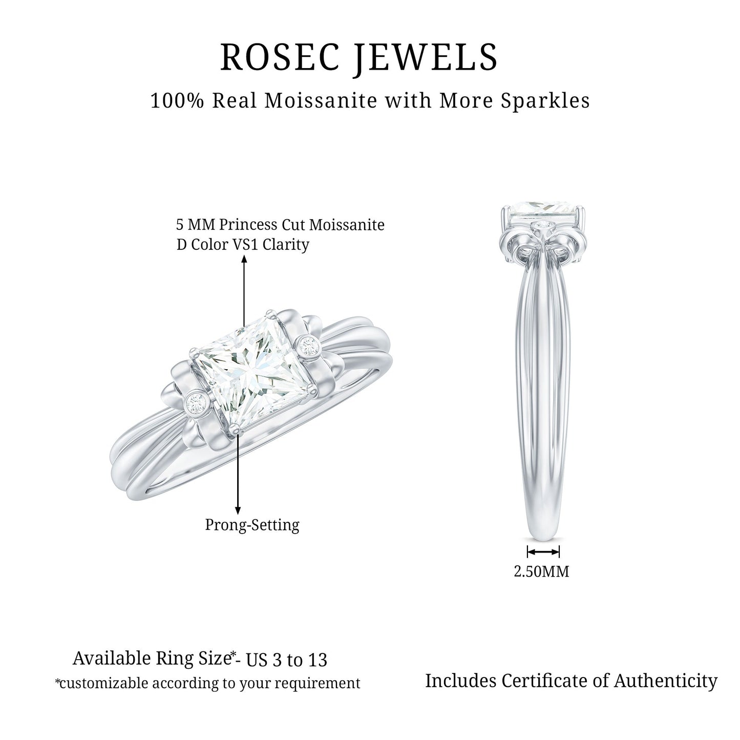 5 MM Princess Cut Certified Moissanite Designer Bow Engagement Ring