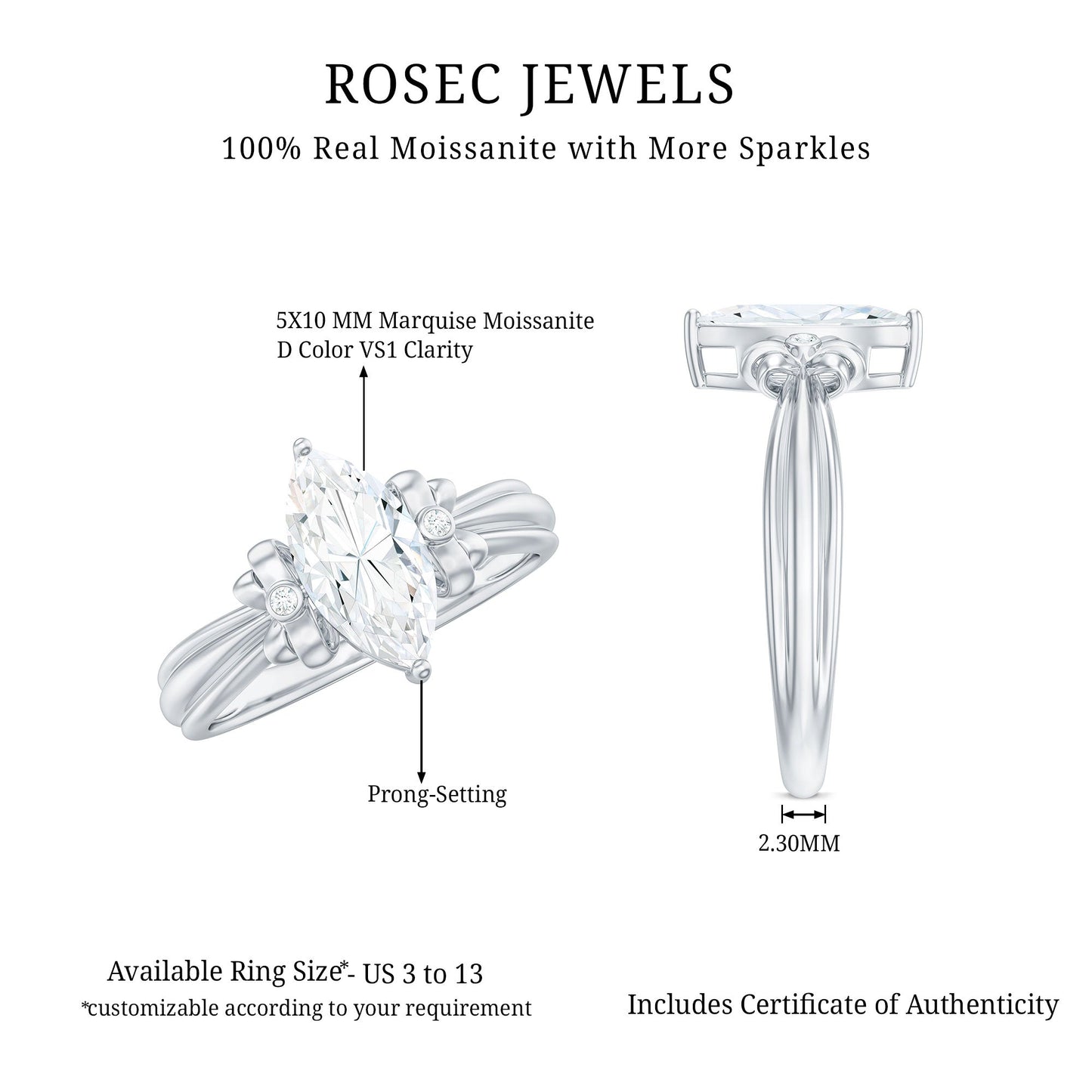 5x10mm Brilliant Cut Certified Moissanite Statement Ring