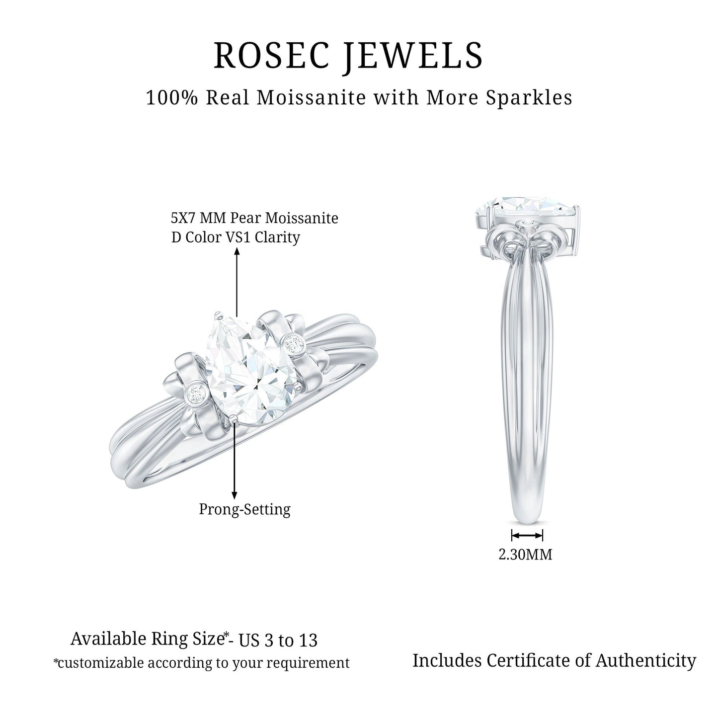 5X7mm Pear Shape Moissanite Bow Engagement Ring