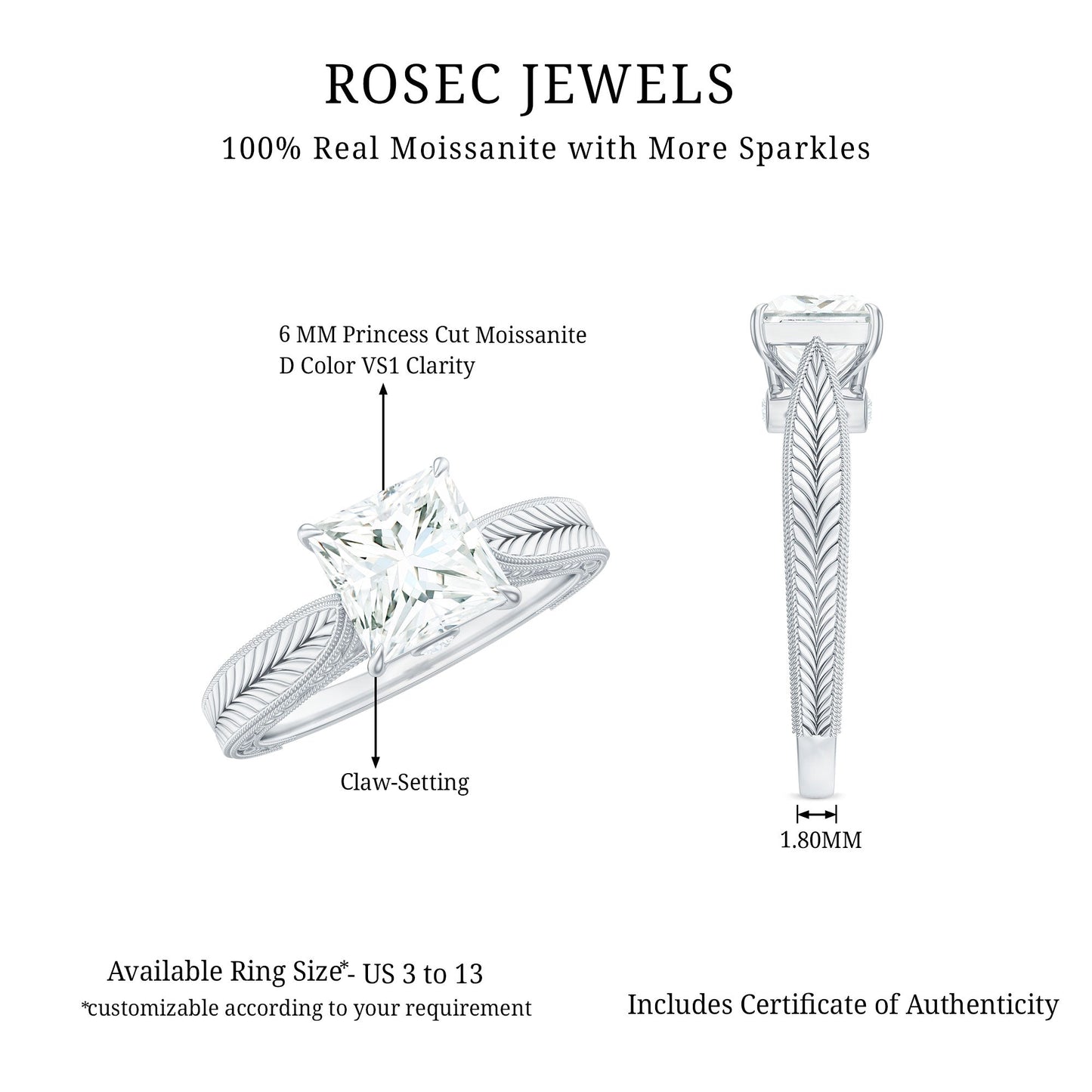 Princess Cut 6 MM Moissanite Solitaire Engagement Ring