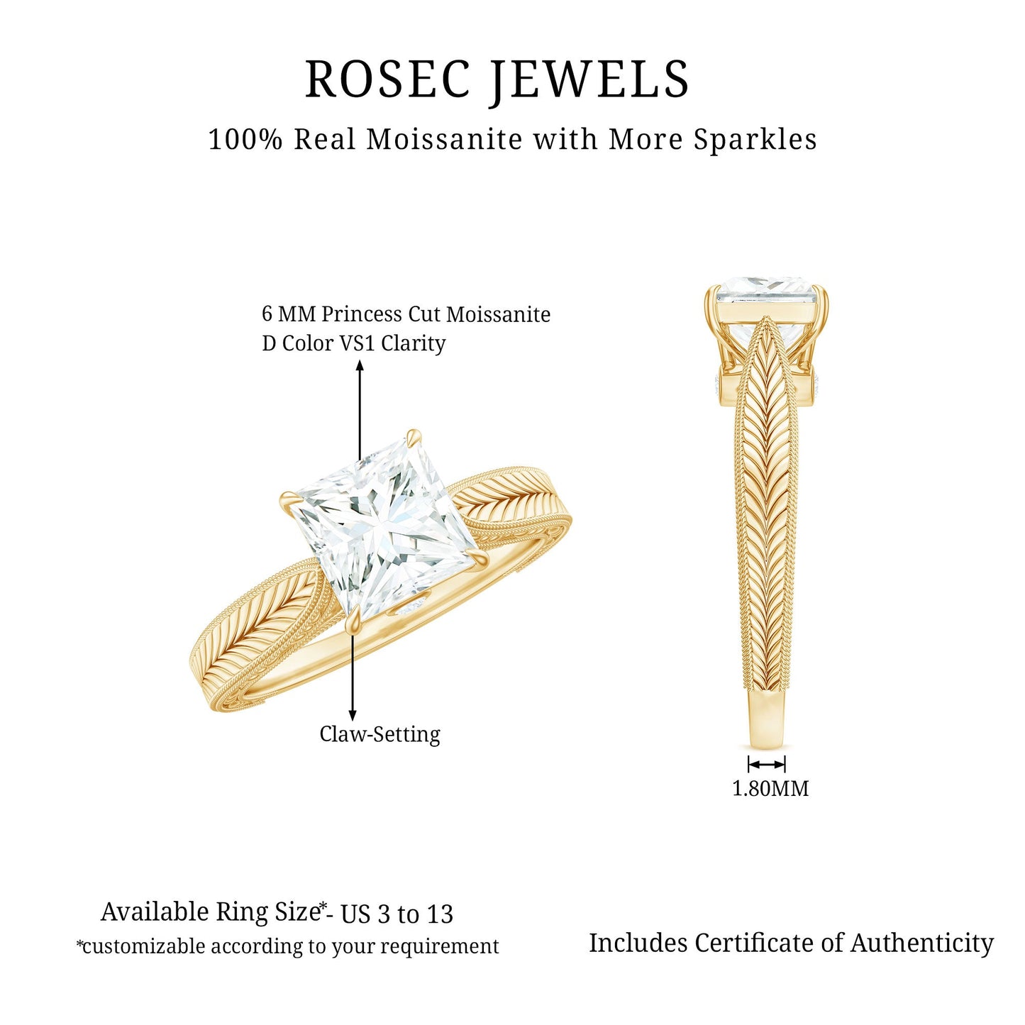 Princess Cut 6 MM Moissanite Solitaire Engagement Ring