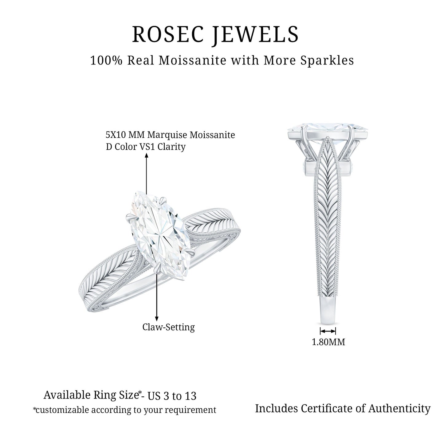 5x10mm Moissanite Marquise Engagement Ring with Leaf Engraved Shank