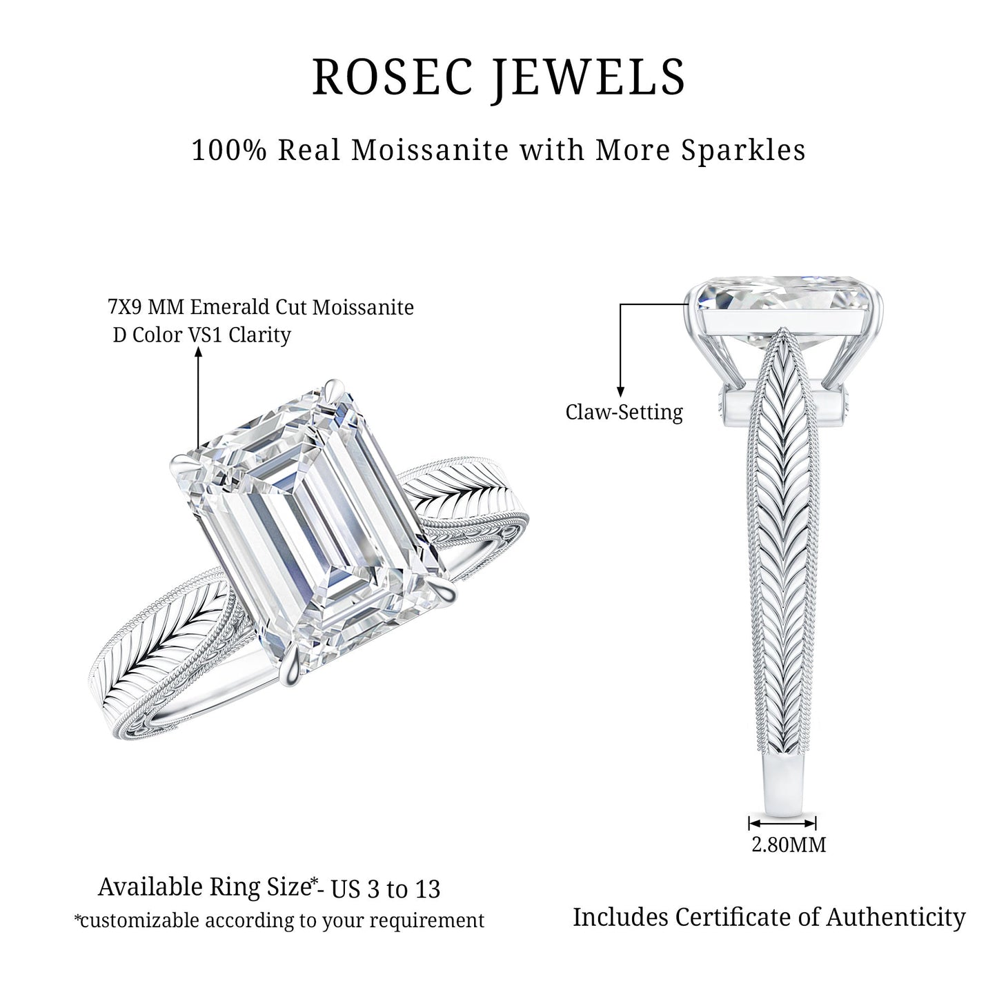 7x9mm Emerald Cut Certified Moissanite Vintage Inspired Engagement Ring