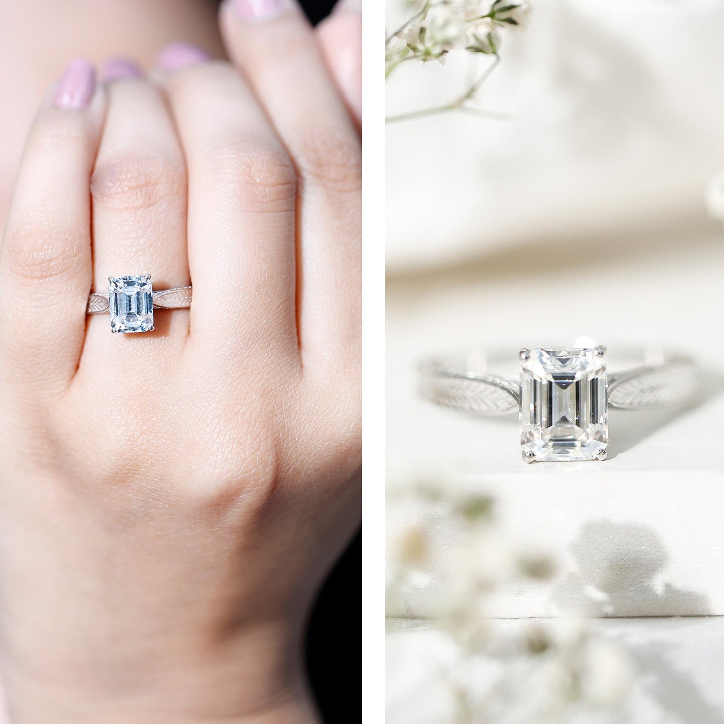 7x9mm Emerald Cut Certified Moissanite Vintage Inspired Engagement Ring