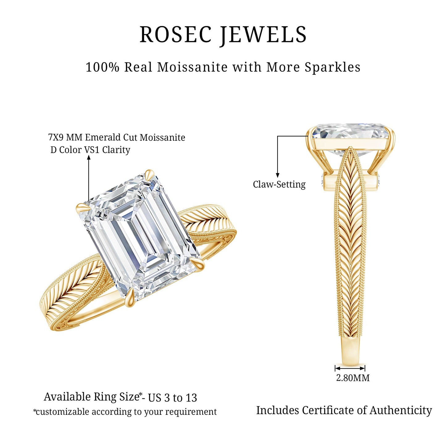 7x9mm Emerald Cut Certified Moissanite Vintage Inspired Engagement Ring