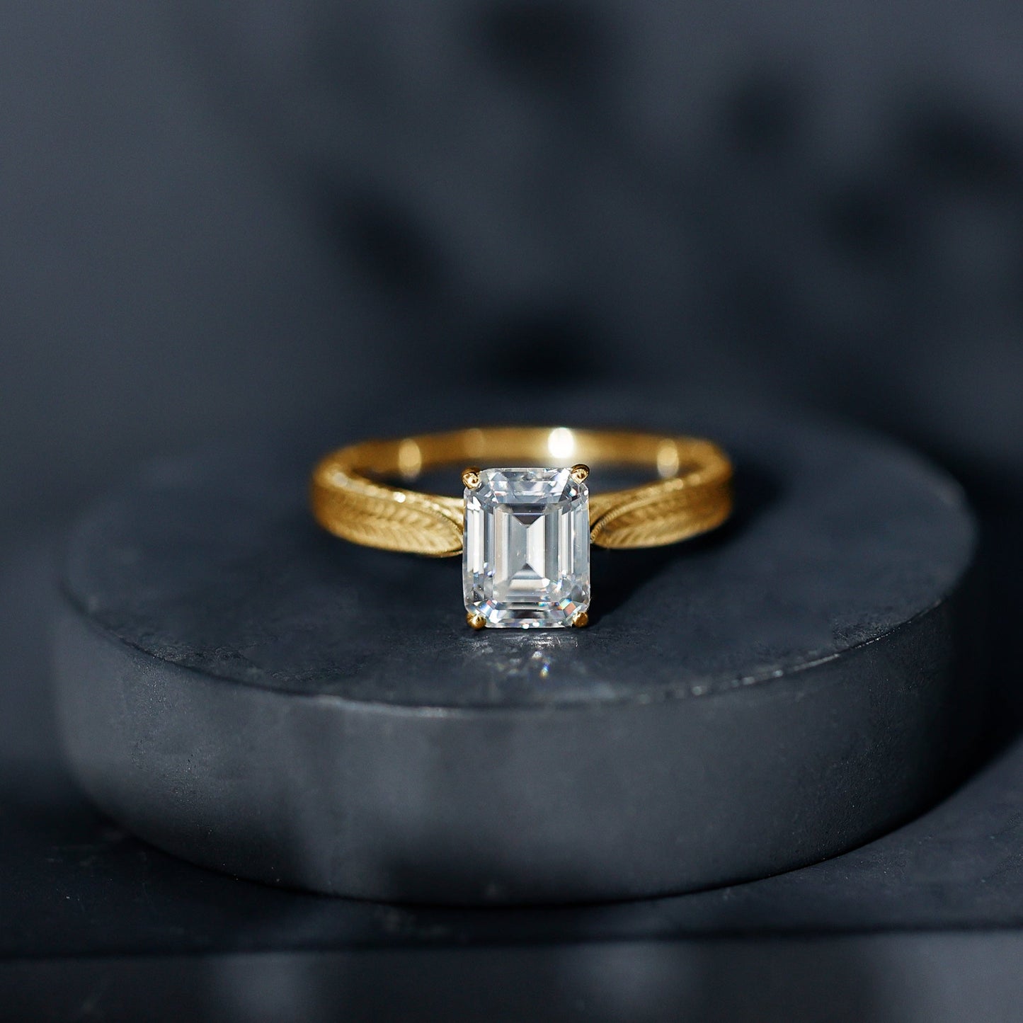 7x9mm Emerald Cut Certified Moissanite Vintage Inspired Engagement Ring