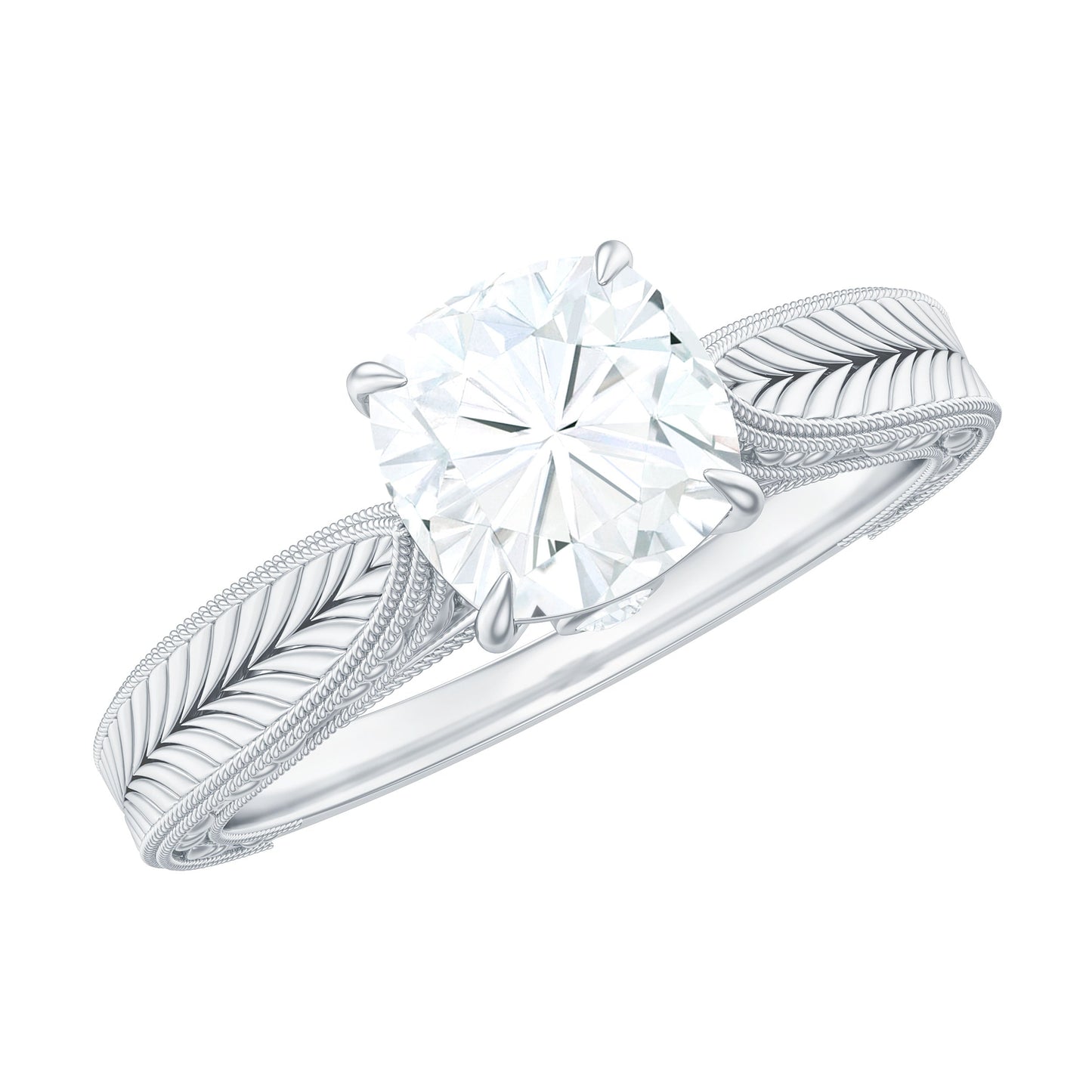 6 mm Cushion Cut Moissanite Solitaire Vintage Inspired Engagement Ring
