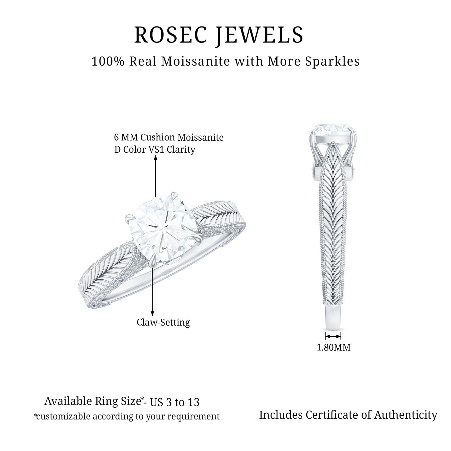 6 mm Cushion Cut Moissanite Solitaire Vintage Inspired Engagement Ring