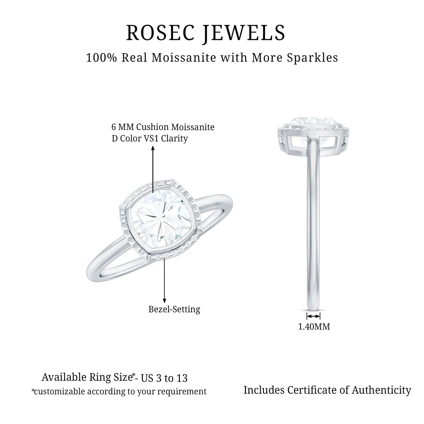 6mm Cushion Cut Moissanite Solitaire Ring in Bezel Setting