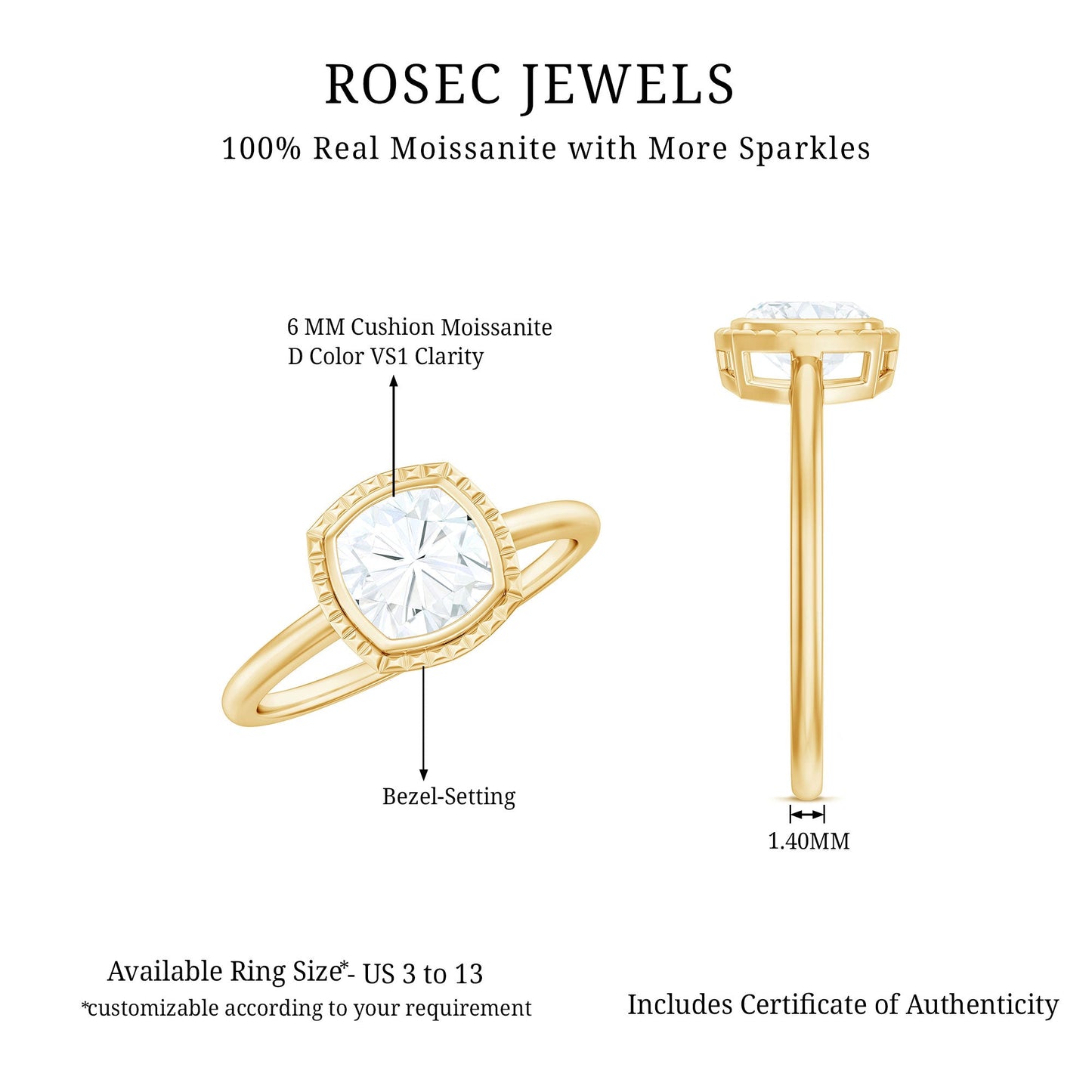 6mm Cushion Cut Moissanite Solitaire Ring in Bezel Setting