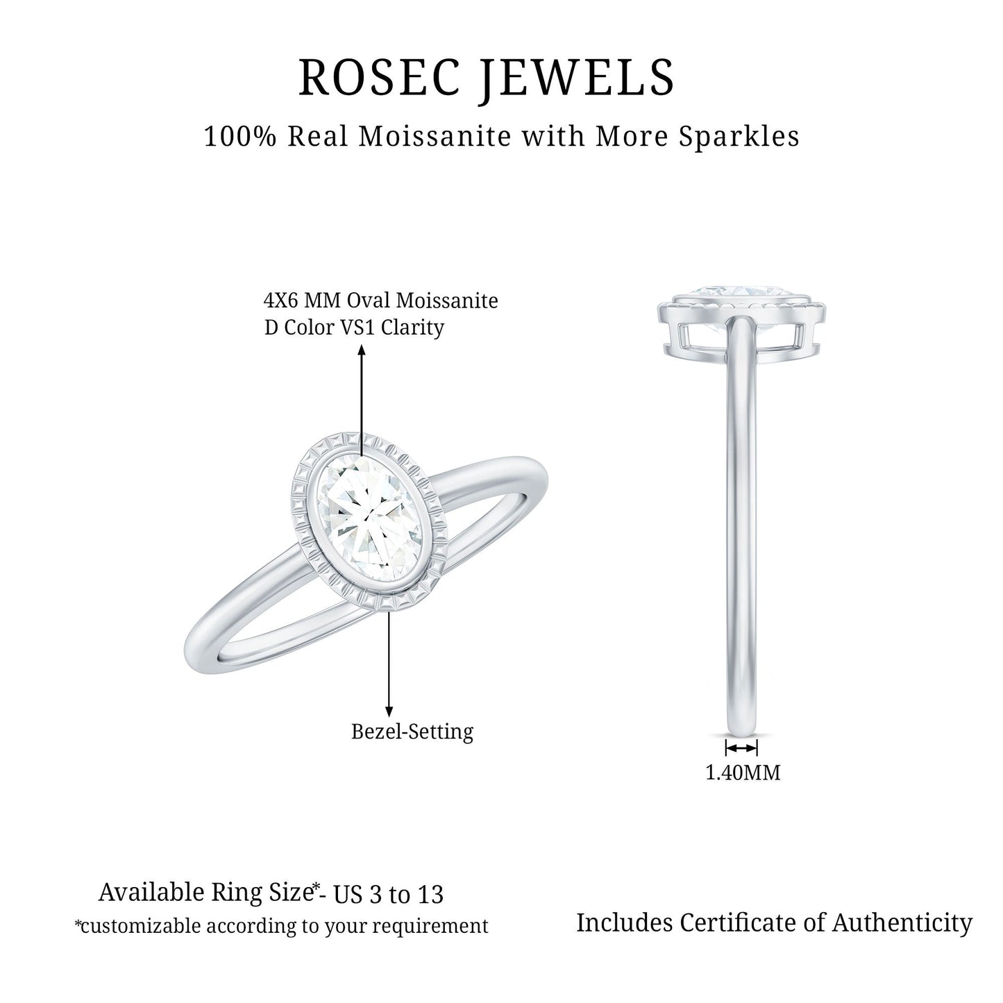 4X6mm Oval Cut Moissanite Solitaire Ring in Bezel Setting