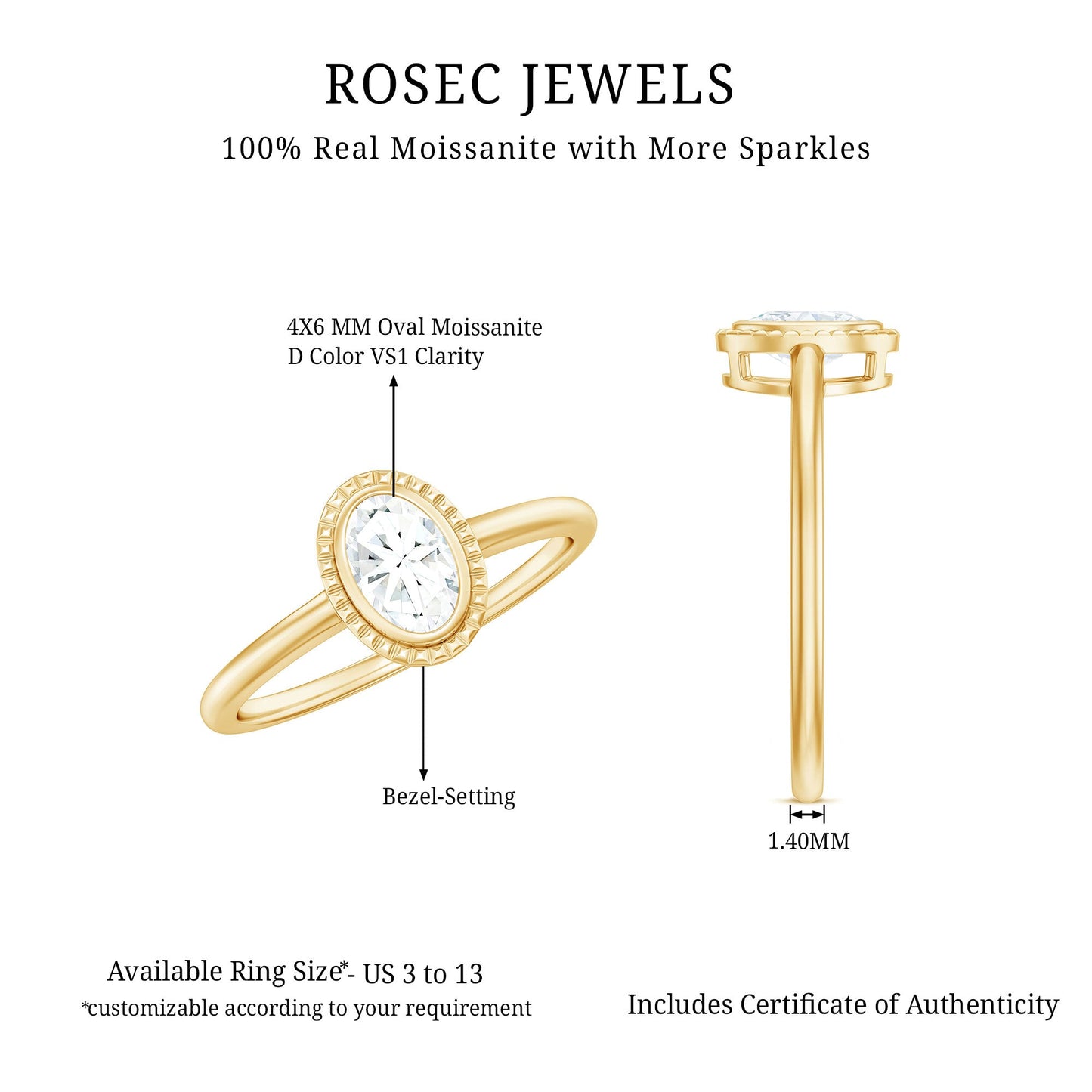 4X6mm Oval Cut Moissanite Solitaire Ring in Bezel Setting