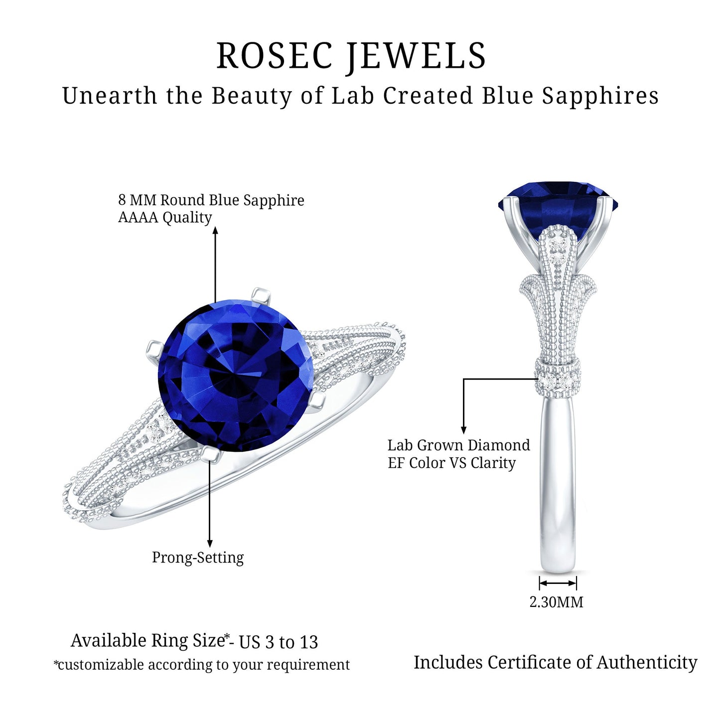 Vintage Style 2.7 Carat Lab Grown Blue Sapphire Engagement Ring with Diamond